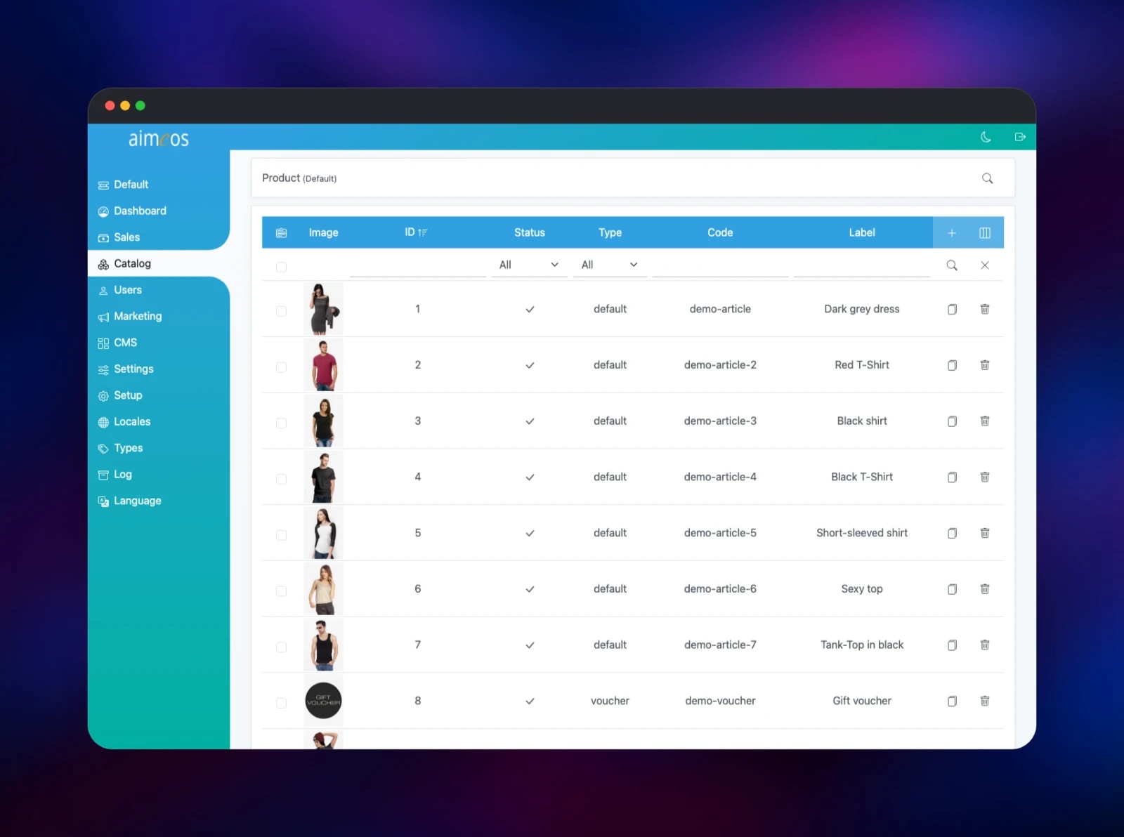 Aimeos admin product list with images, codes and labels