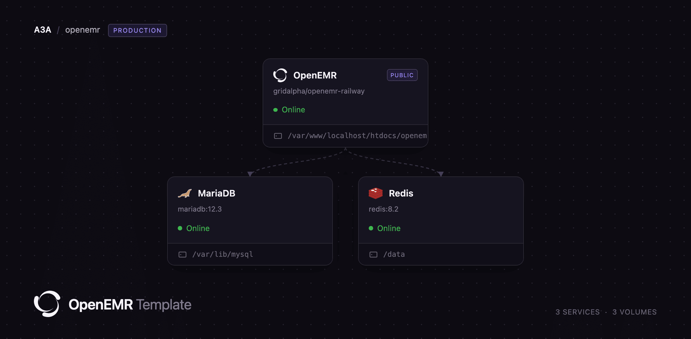 Diagram of the OpenEMR, MariaDB and Redis services on Railway