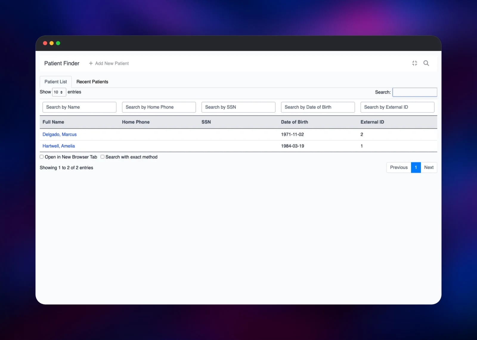 OpenEMR patient finder listing two patient records
