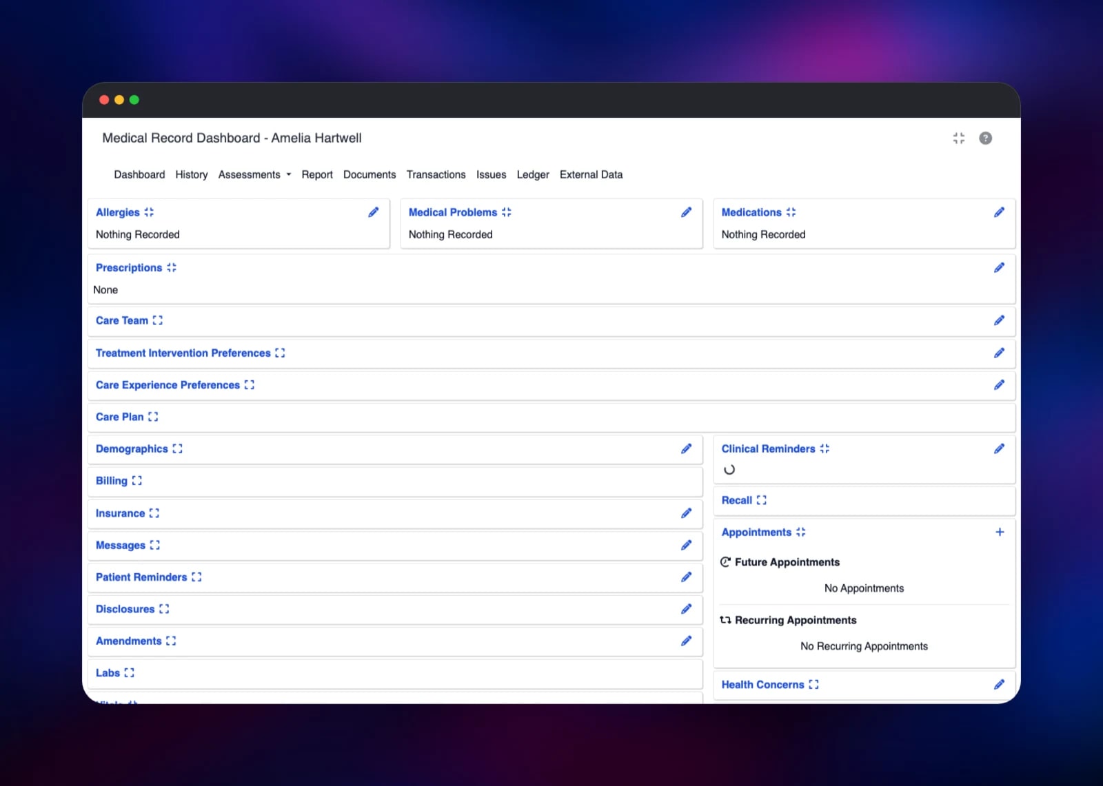 Medical record dashboard for a patient in OpenEMR