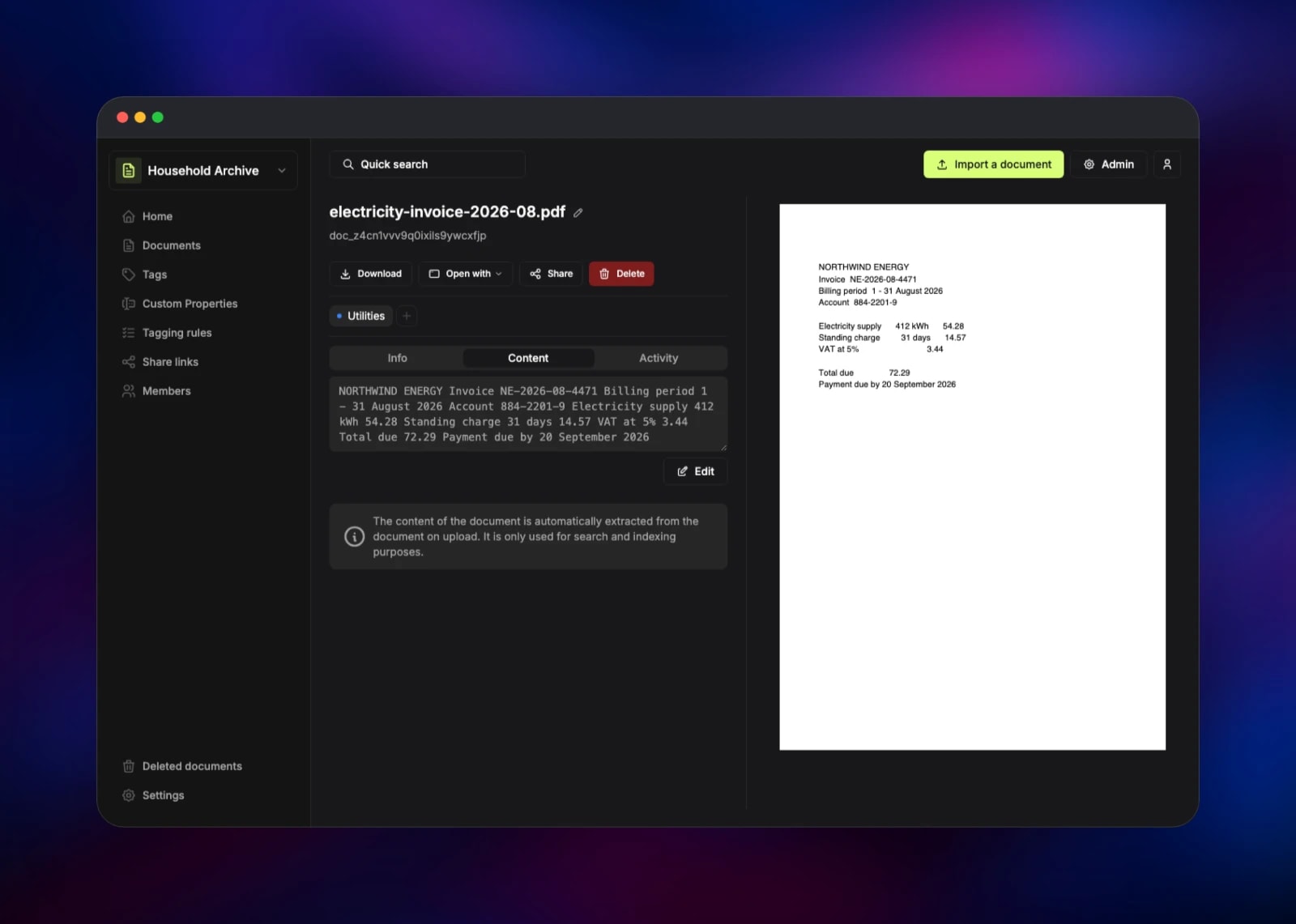 Papra document view with extracted invoice text and preview