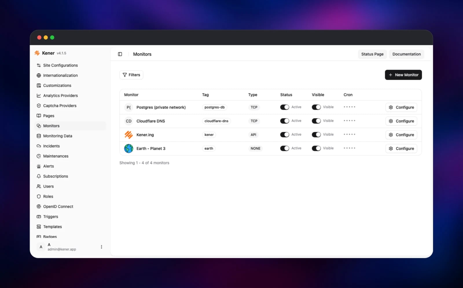 Kener admin listing TCP, API and manual monitors