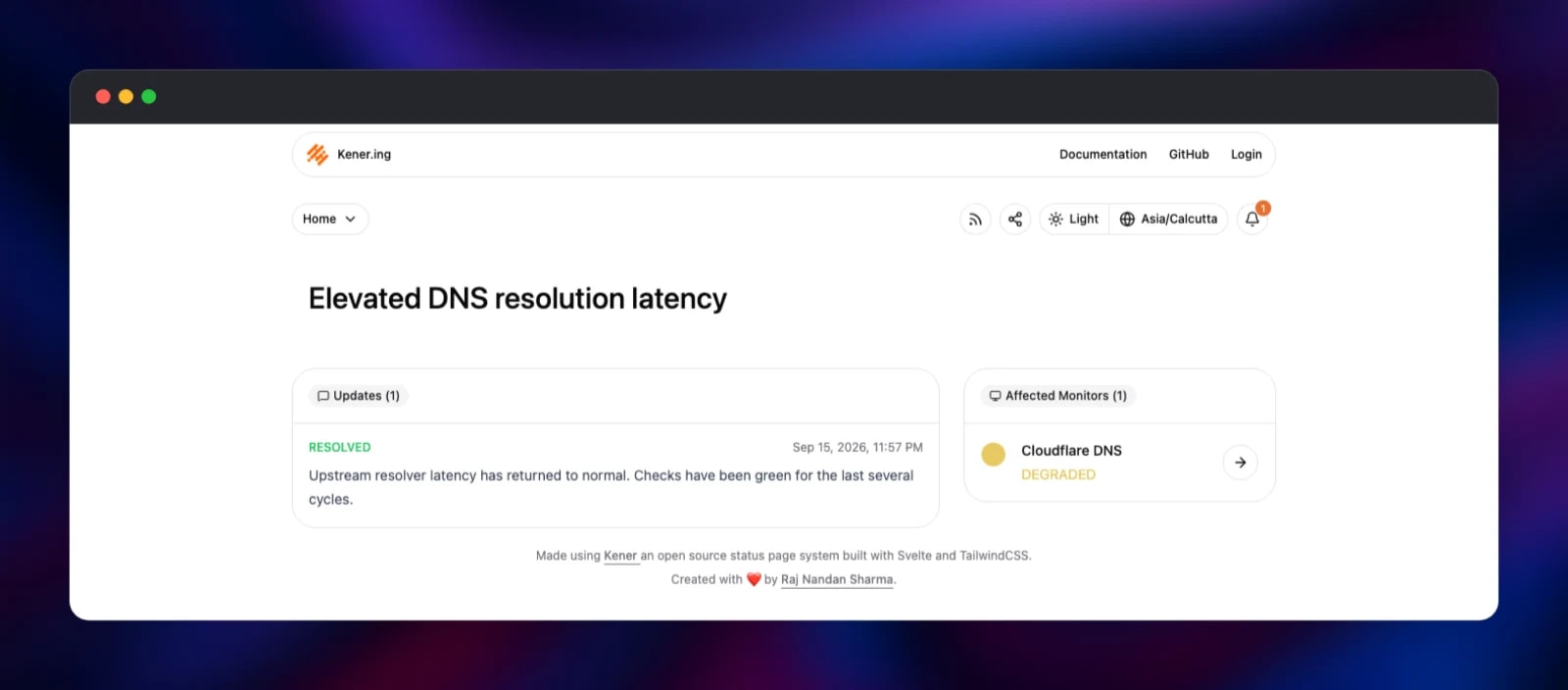 Resolved Kener incident with its update and affected monitor