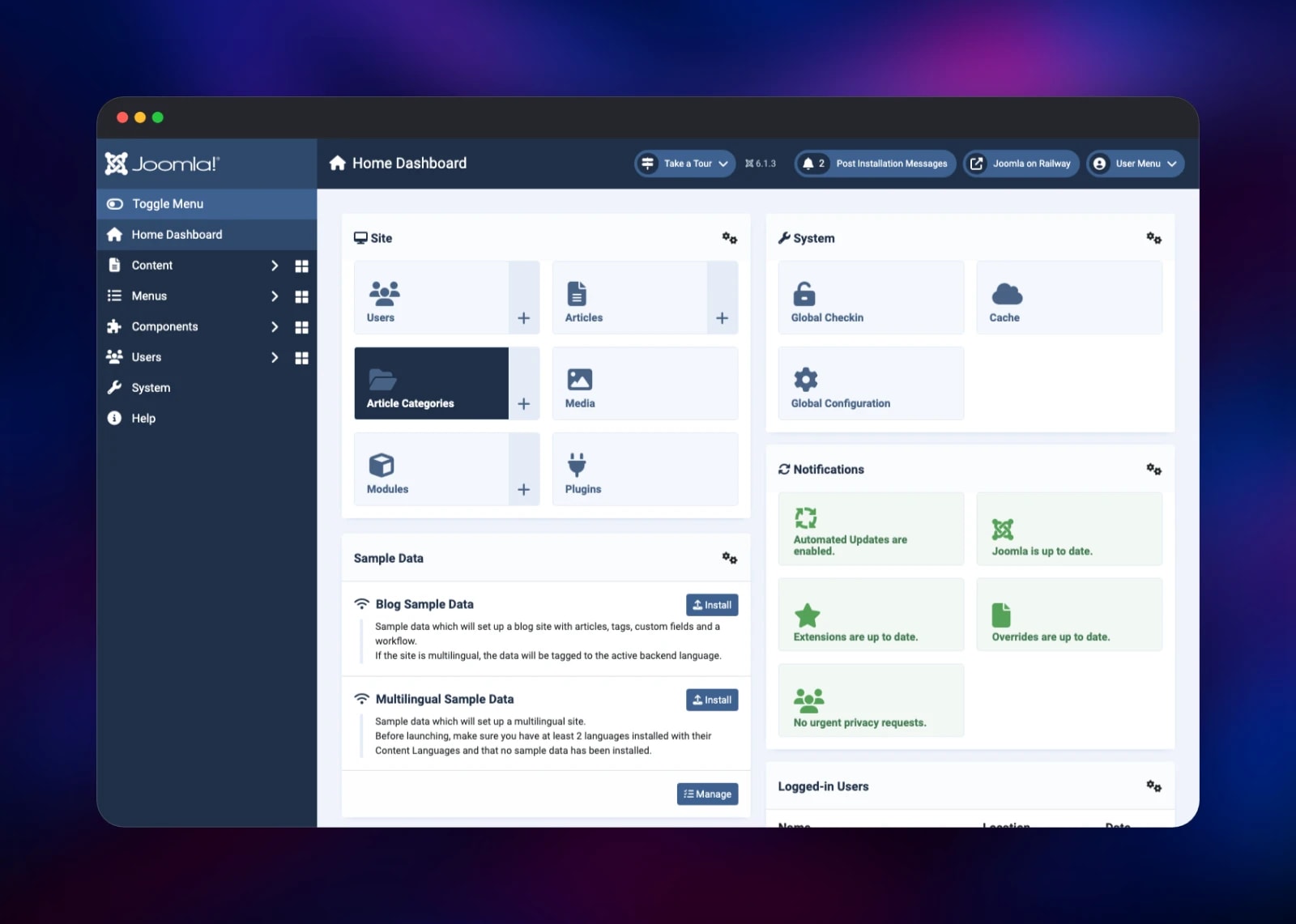 Joomla administrator home dashboard with update notifications