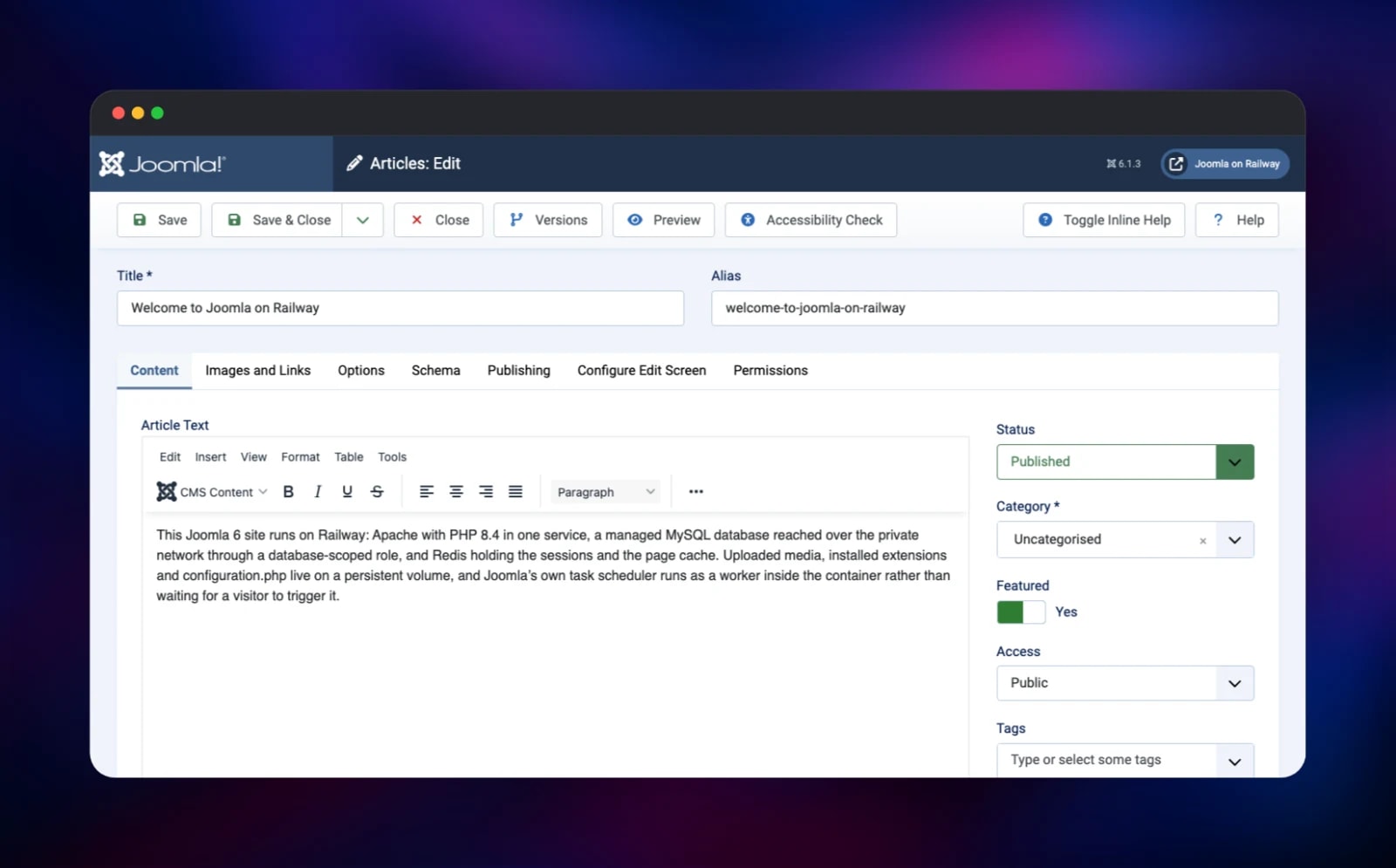 Editing a published Joomla article in the TinyMCE editor