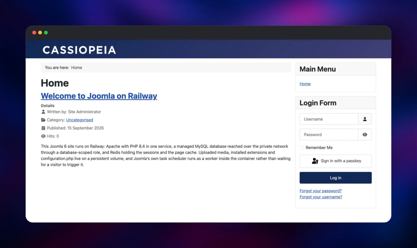 Joomla front page showing the featured article