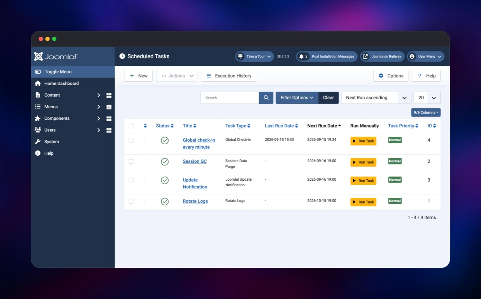 Joomla scheduled tasks list with a task's last run time