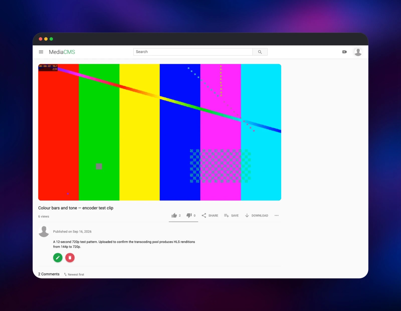 A video playing in MediaCMS with likes, description and comments
