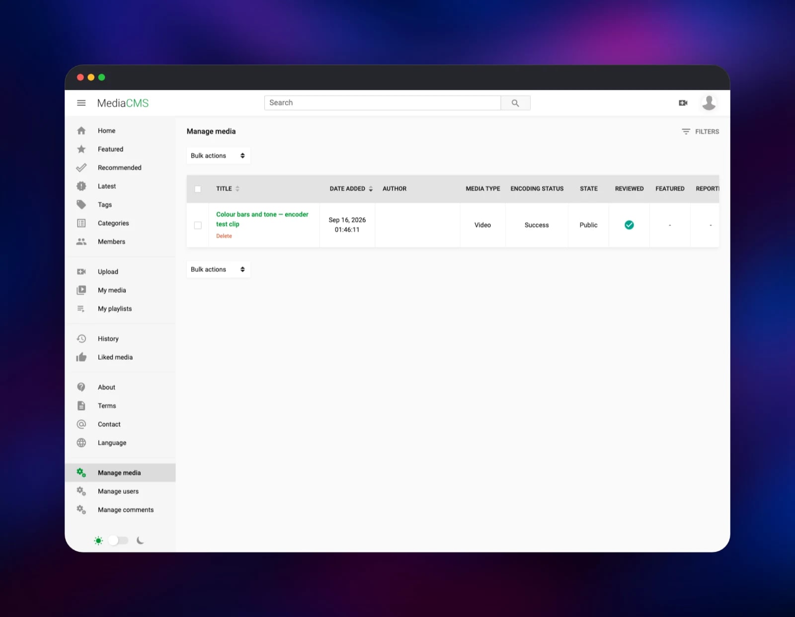 MediaCMS manage media table showing encoding status and visibility