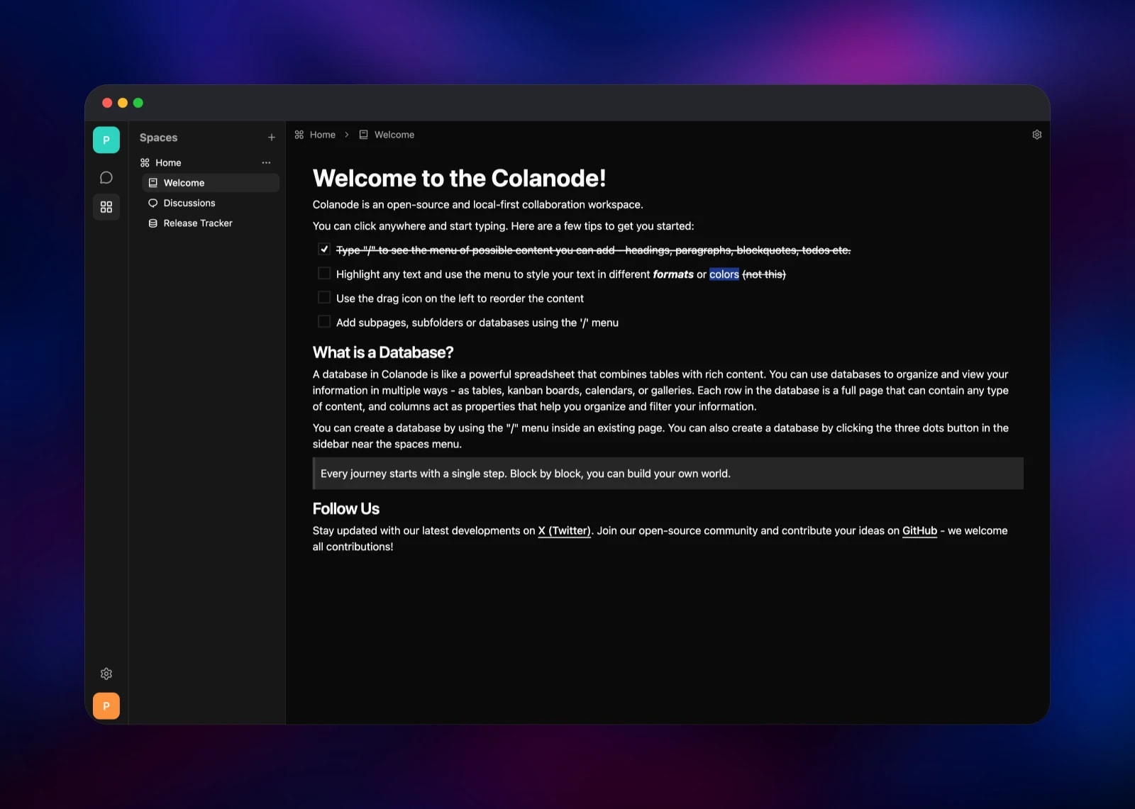 Colanode rich text page with a checklist and a quote block