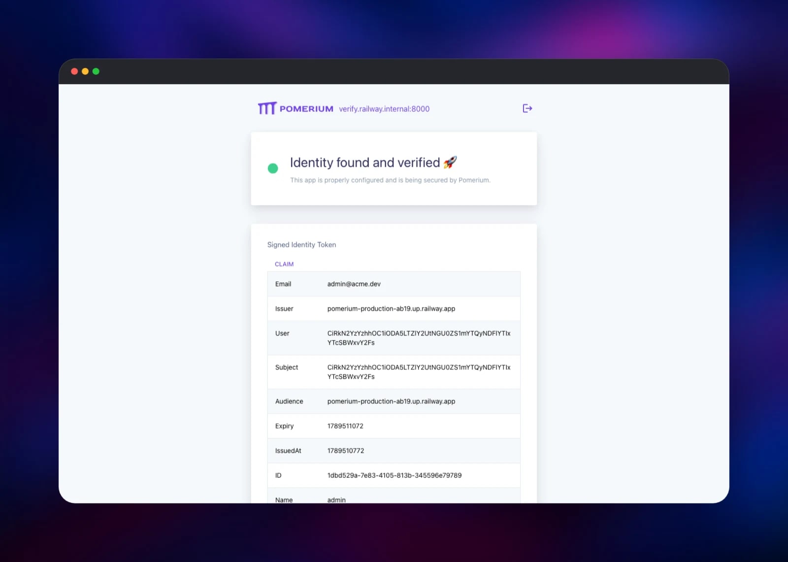 Pomerium confirming a verified identity for the protected upstream app