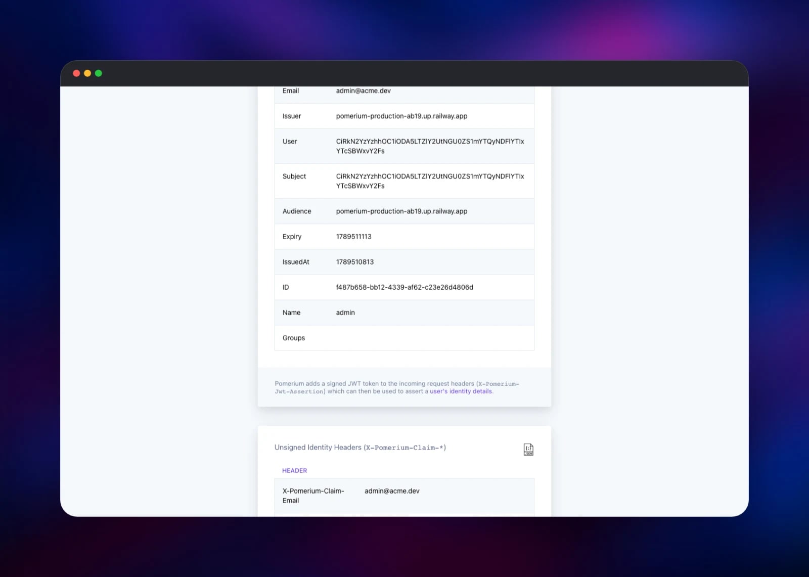 Signed identity token and X-Pomerium-Claim headers sent to the upstream