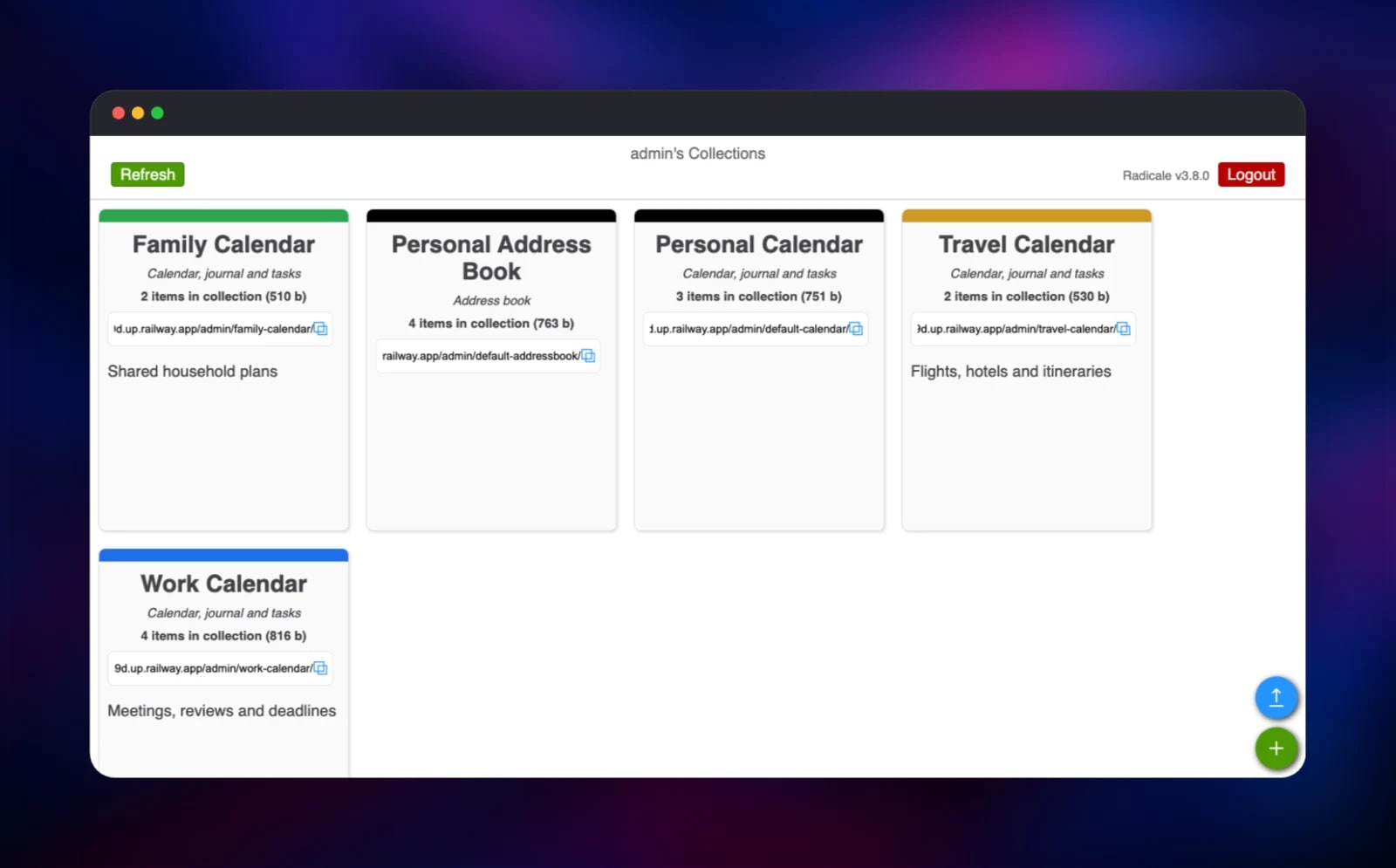 Radicale collections screen listing five calendars and address books