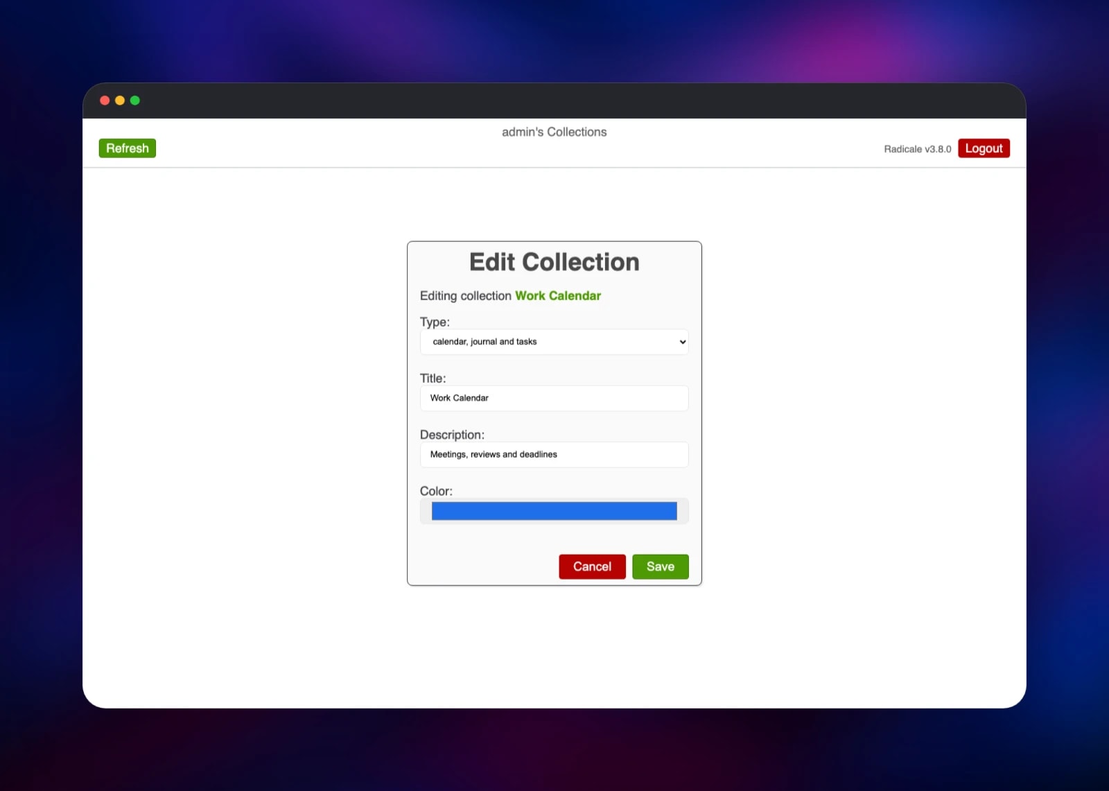 Editing the Work Calendar title, description and colour