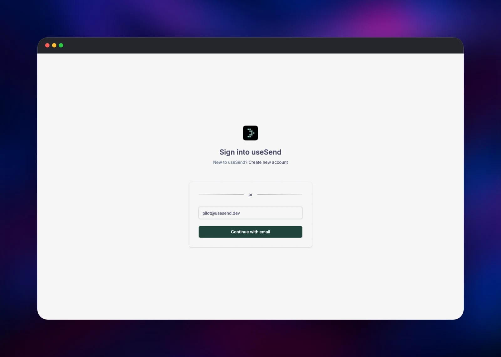 useSend sign-in screen with an email address entered