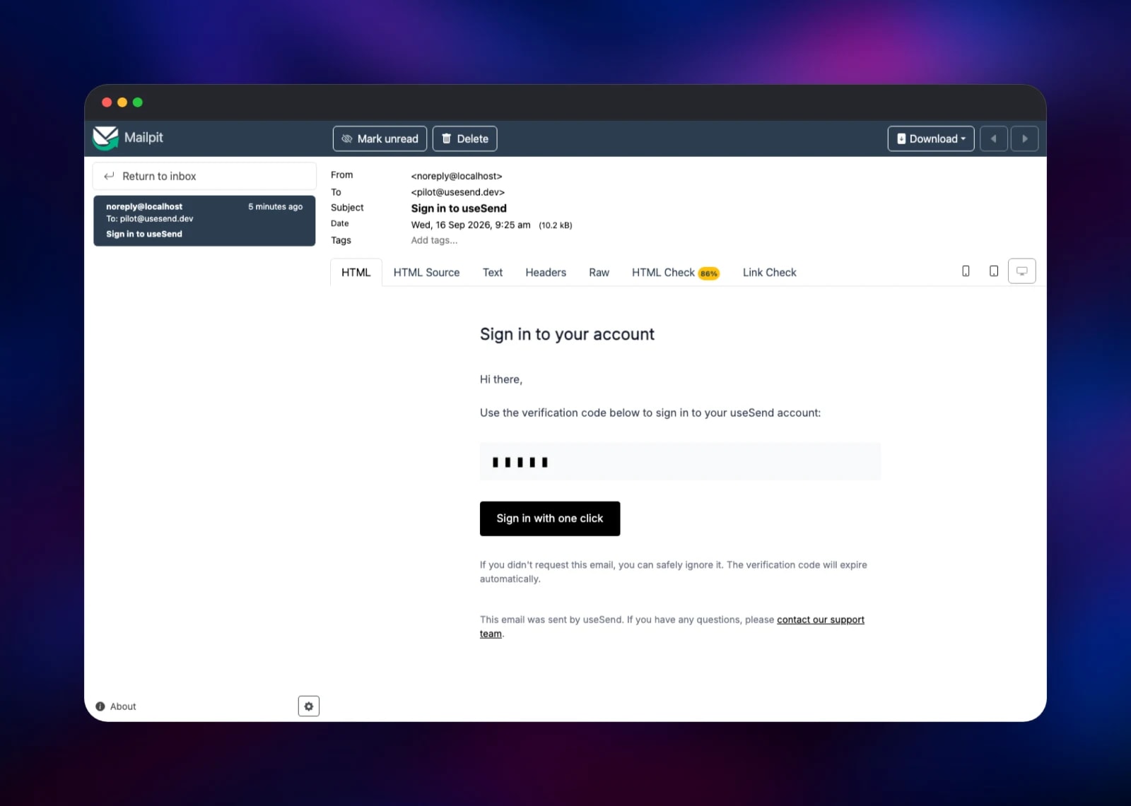The useSend sign-in code delivered into the bundled Mailpit inbox