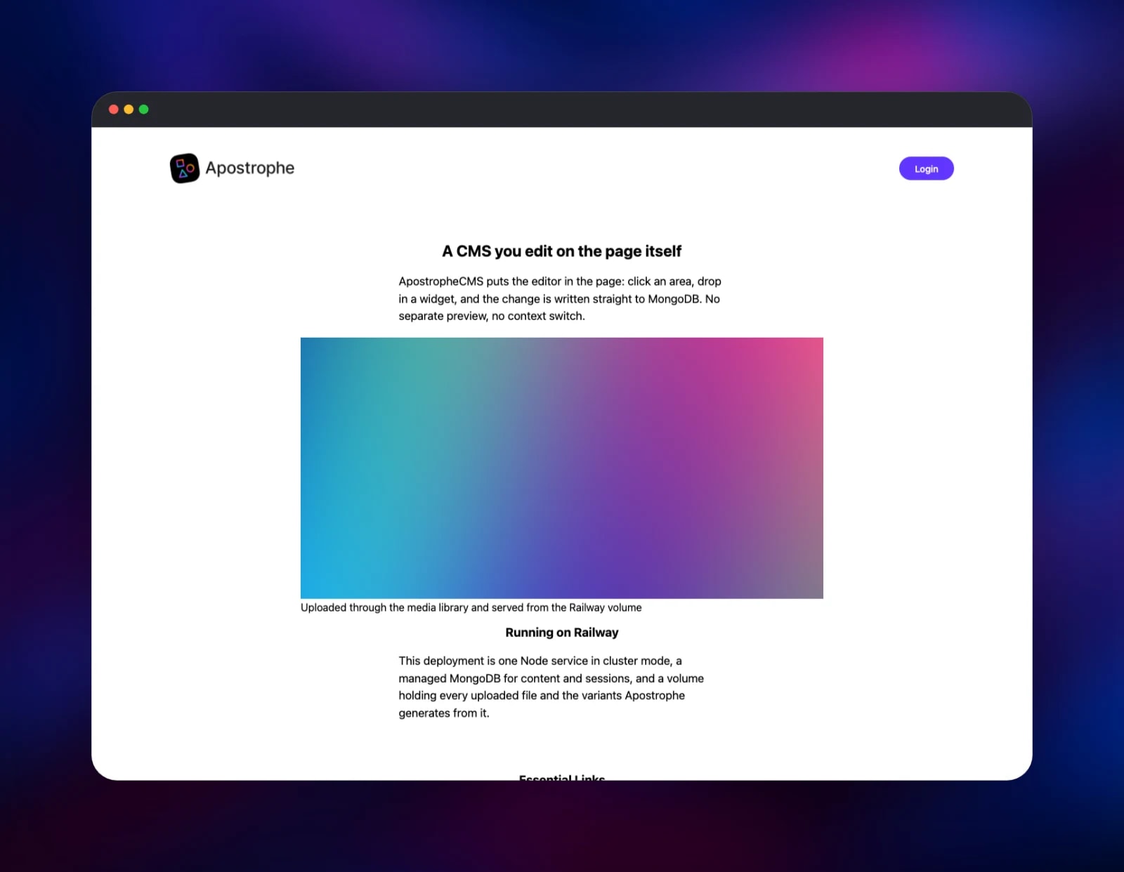 ApostropheCMS home page with rich text and an uploaded image