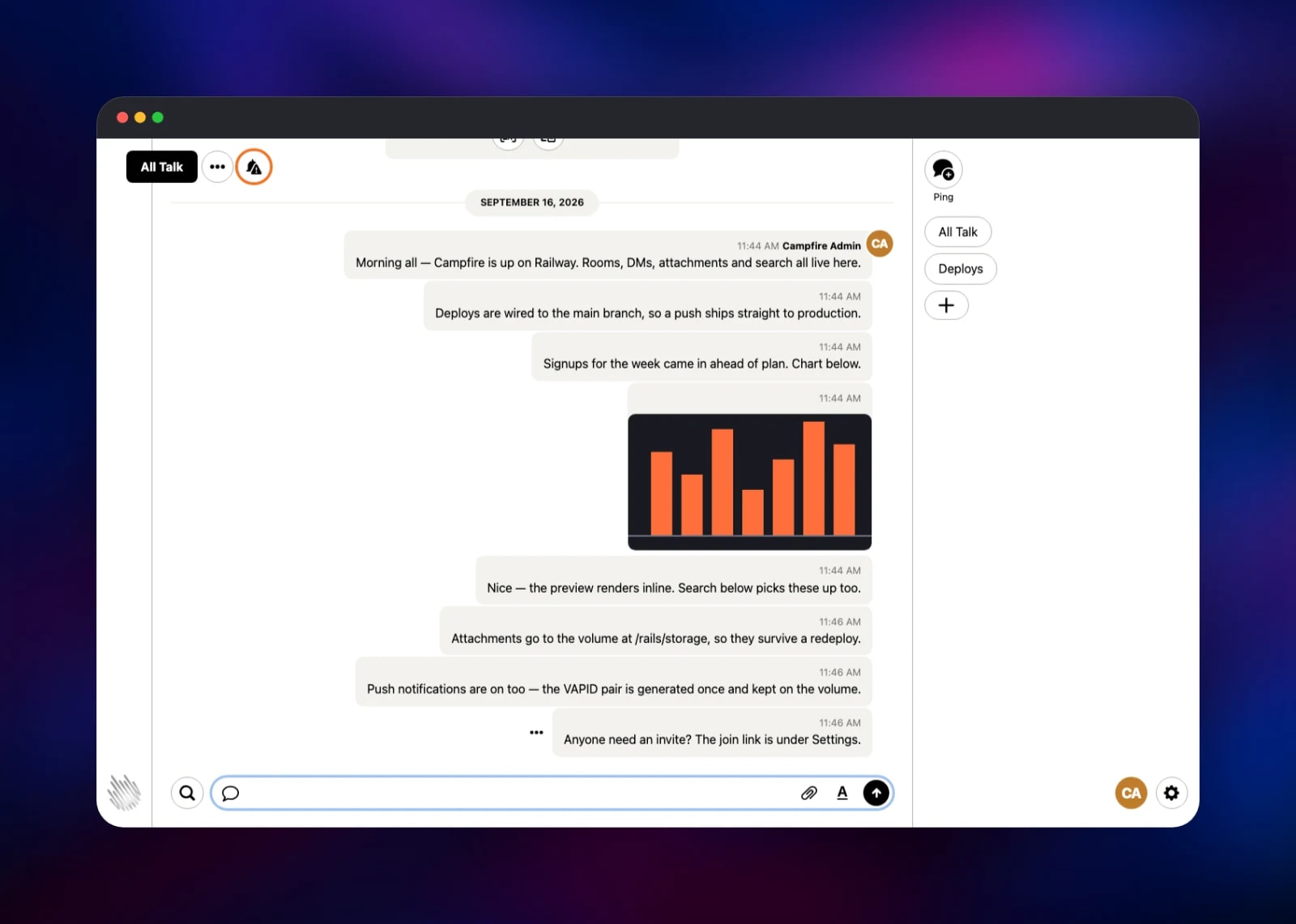 Campfire chat room with a conversation and an attached chart
