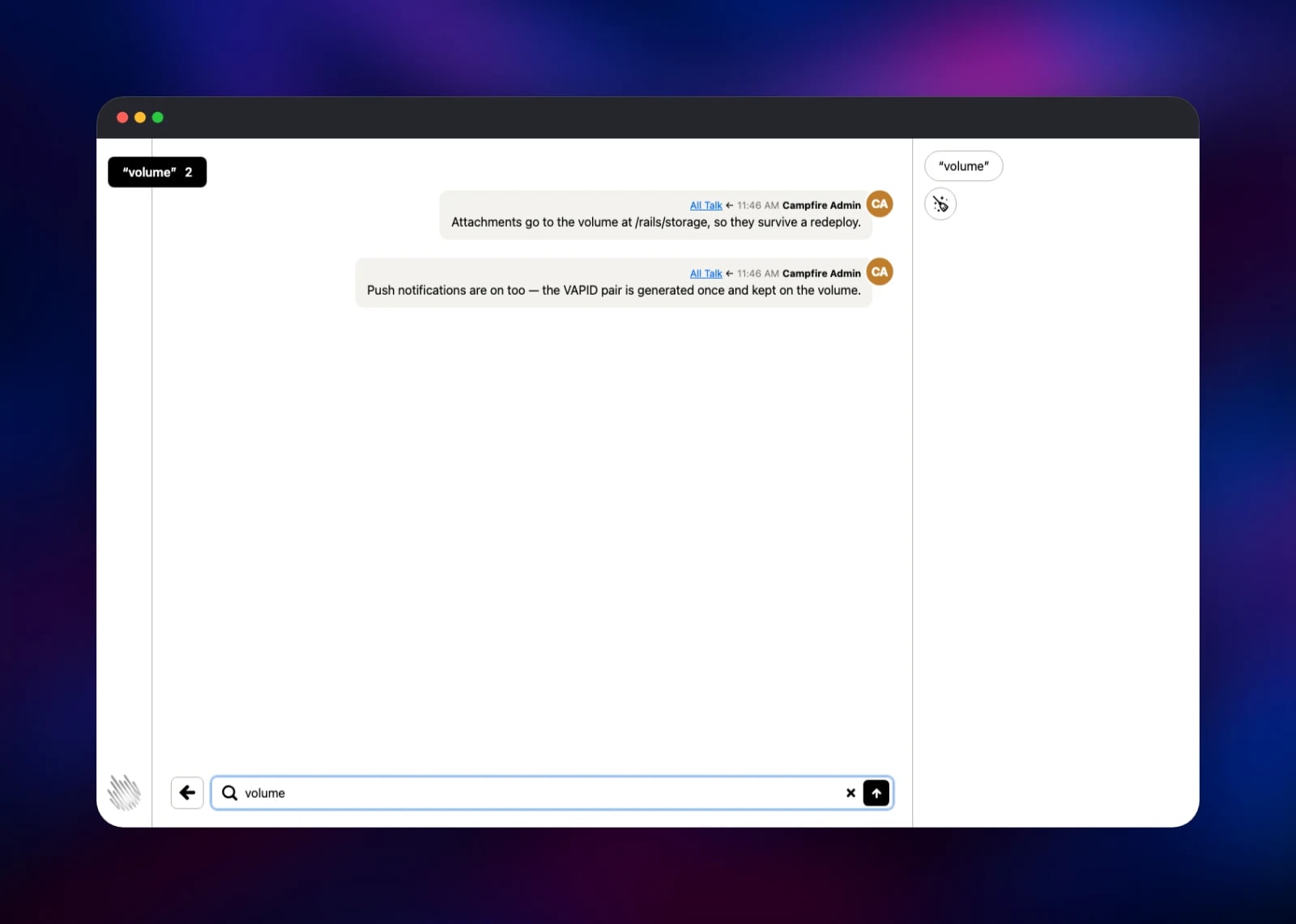 Campfire full-text search showing two matching messages