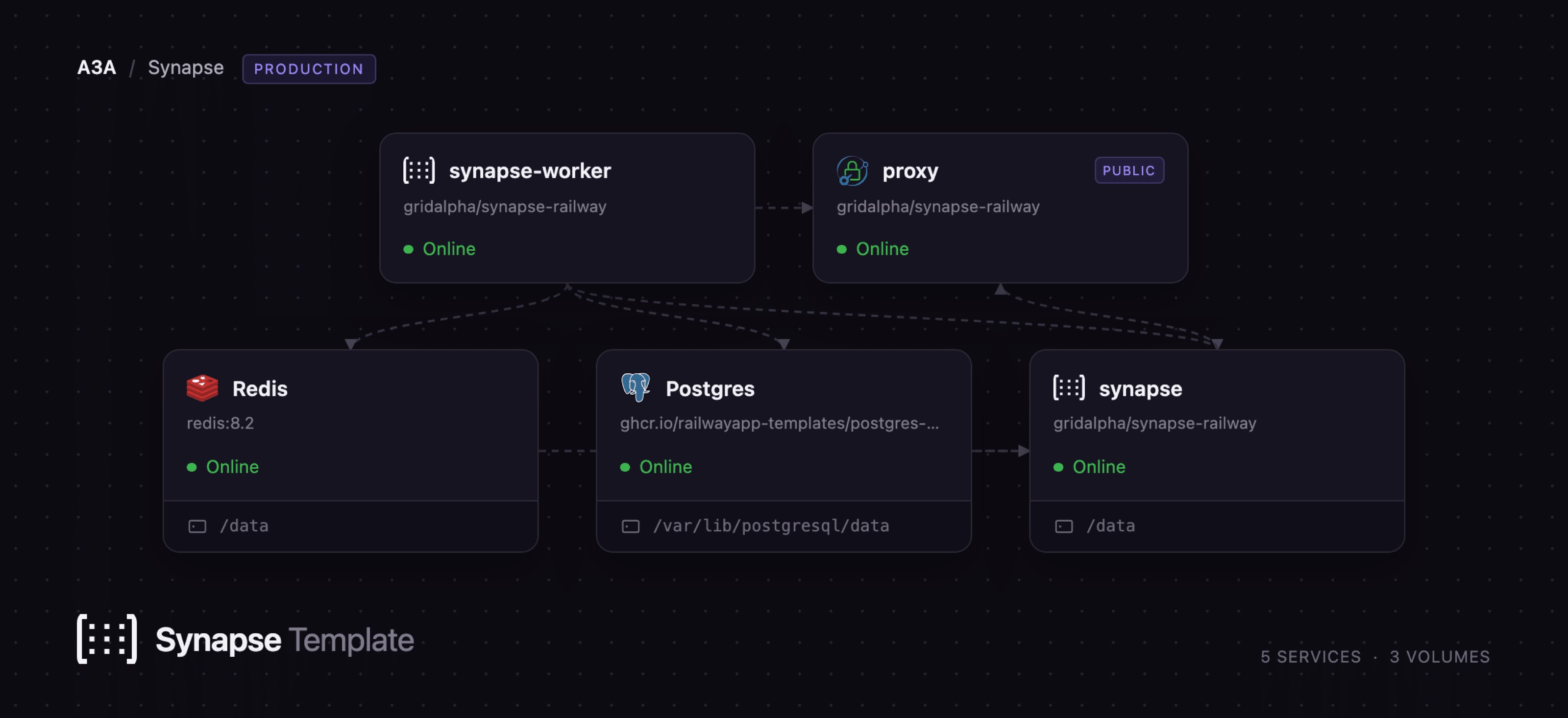 Diagram of the Synapse, worker, proxy, Postgres and Redis services