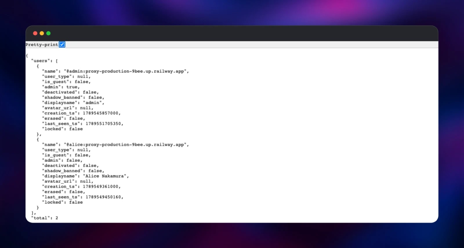 Synapse admin API listing the homeserver's two registered accounts