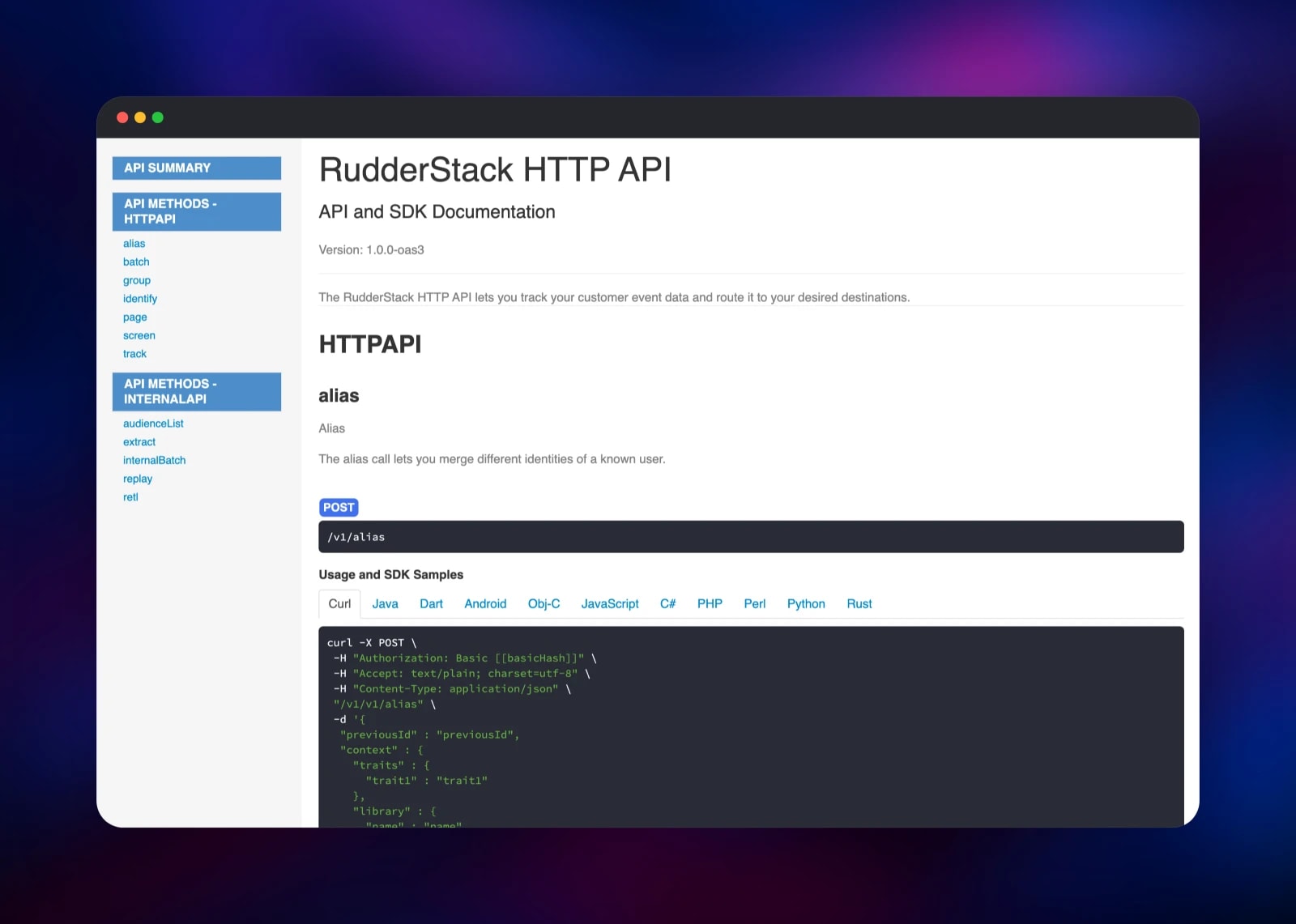 RudderStack HTTP API reference served by the deployed gateway