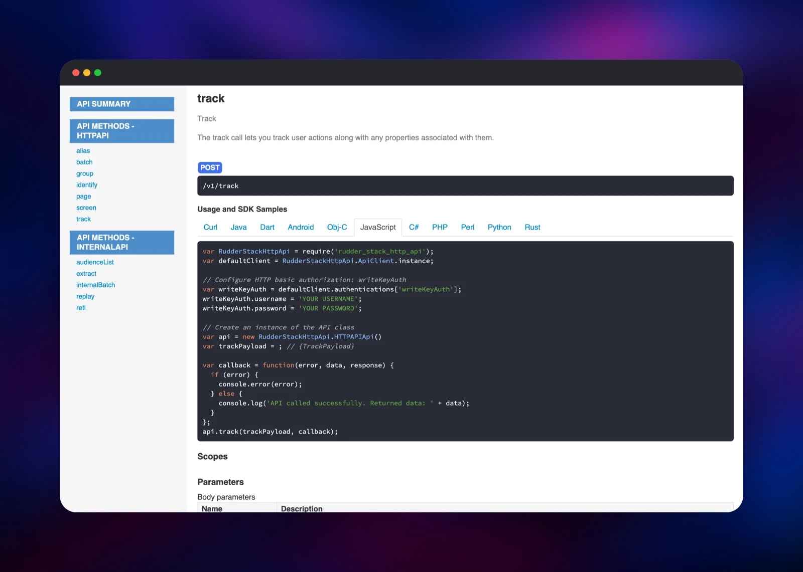 Track endpoint documentation with its JavaScript SDK sample