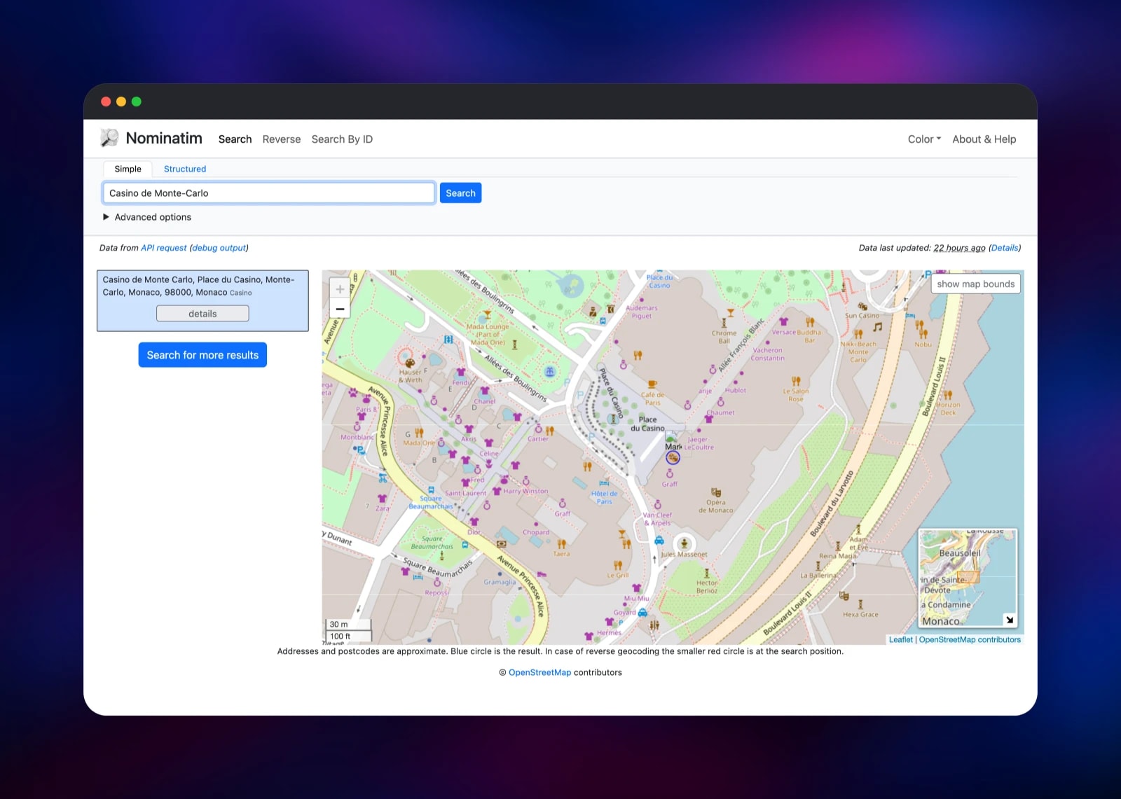 Nominatim search for Casino de Monte-Carlo with the match on a map