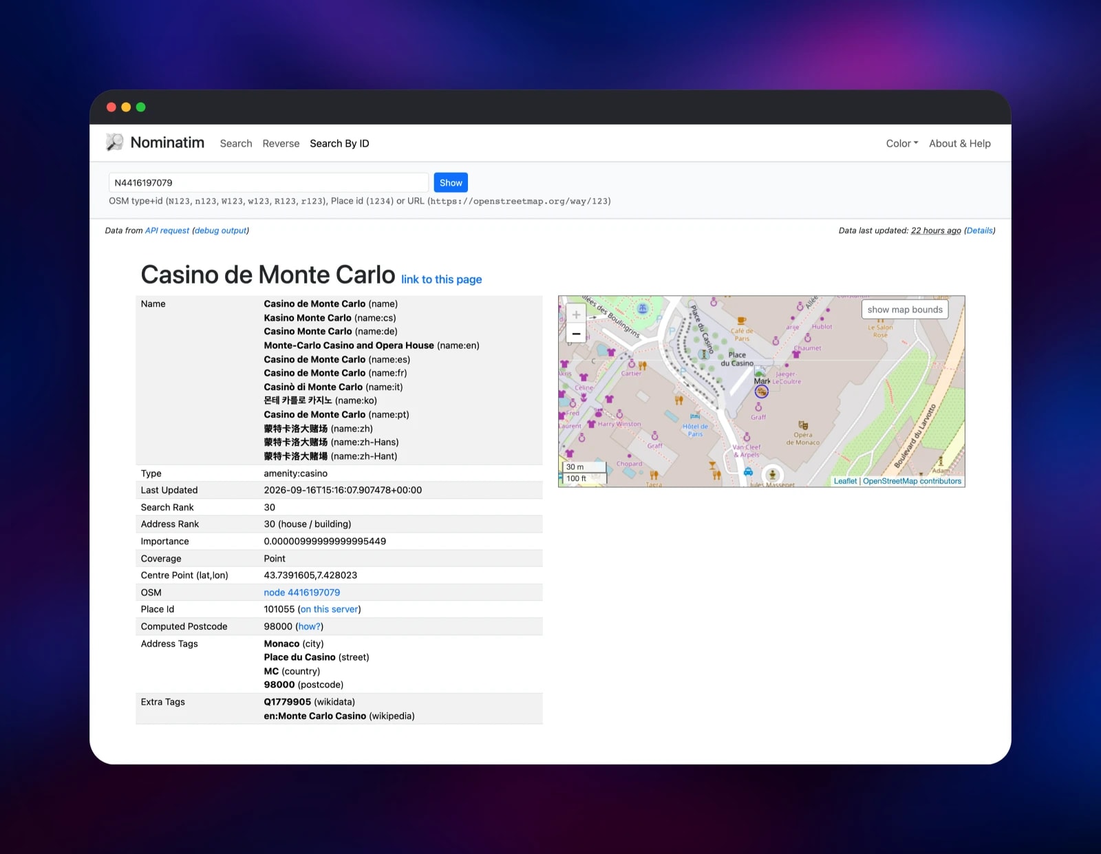 Nominatim place details listing every name, tag and rank