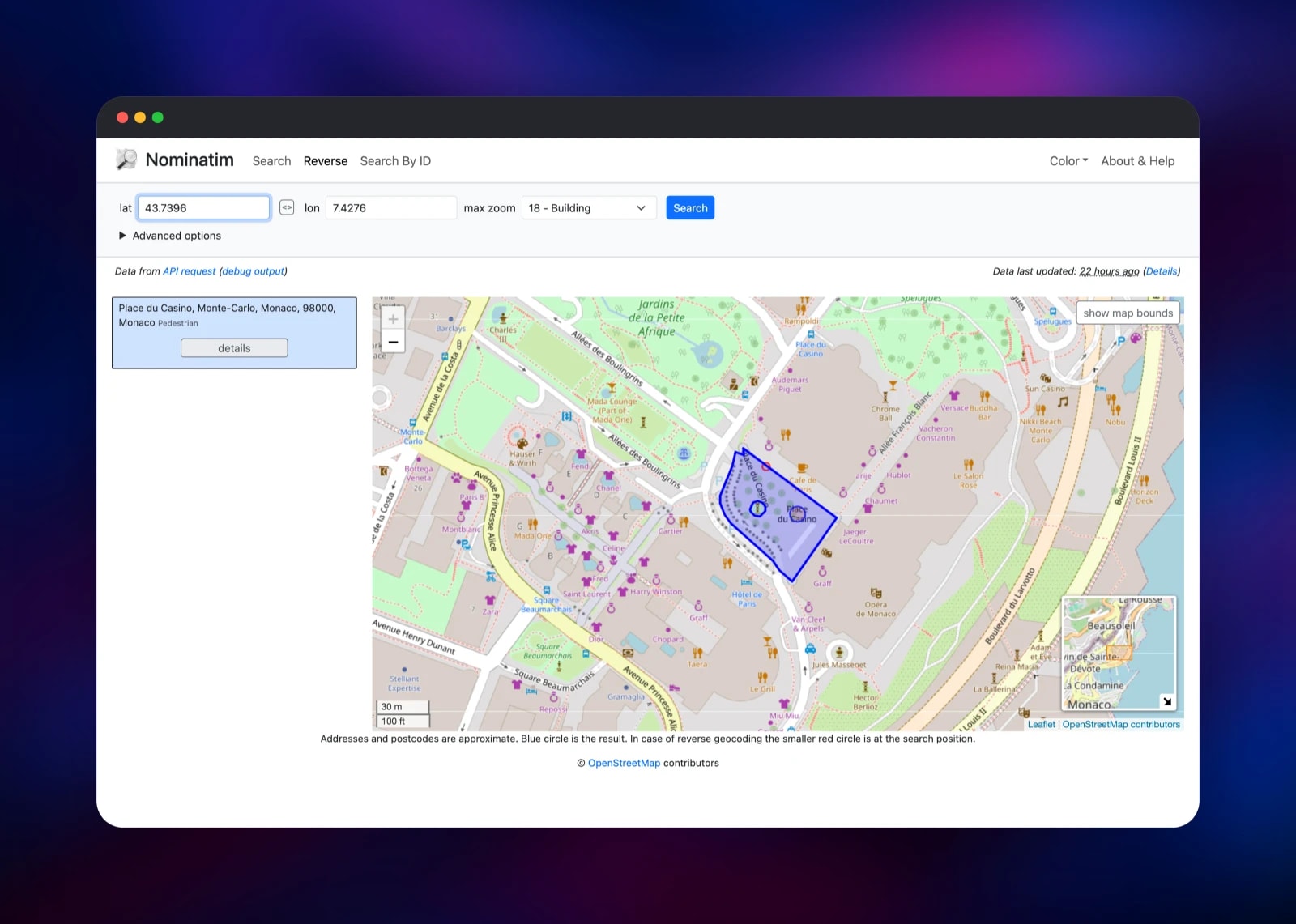 Reverse geocoding a coordinate pair to Place du Casino