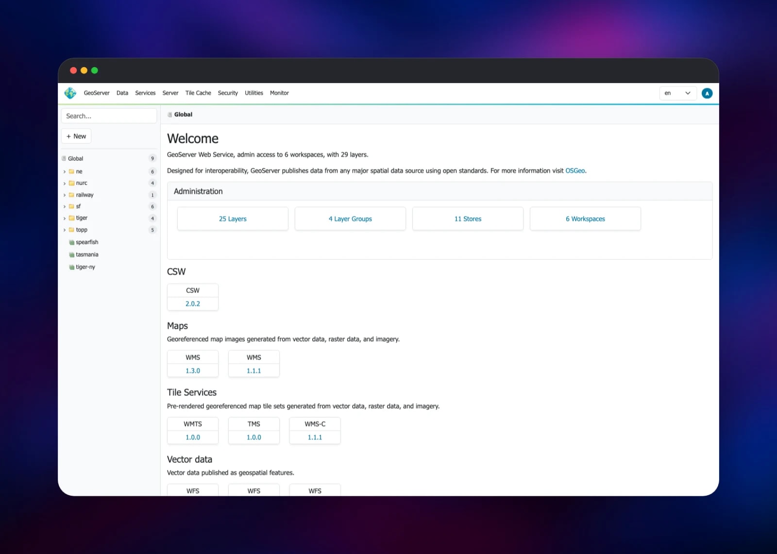 GeoServer admin dashboard listing six workspaces and 29 layers