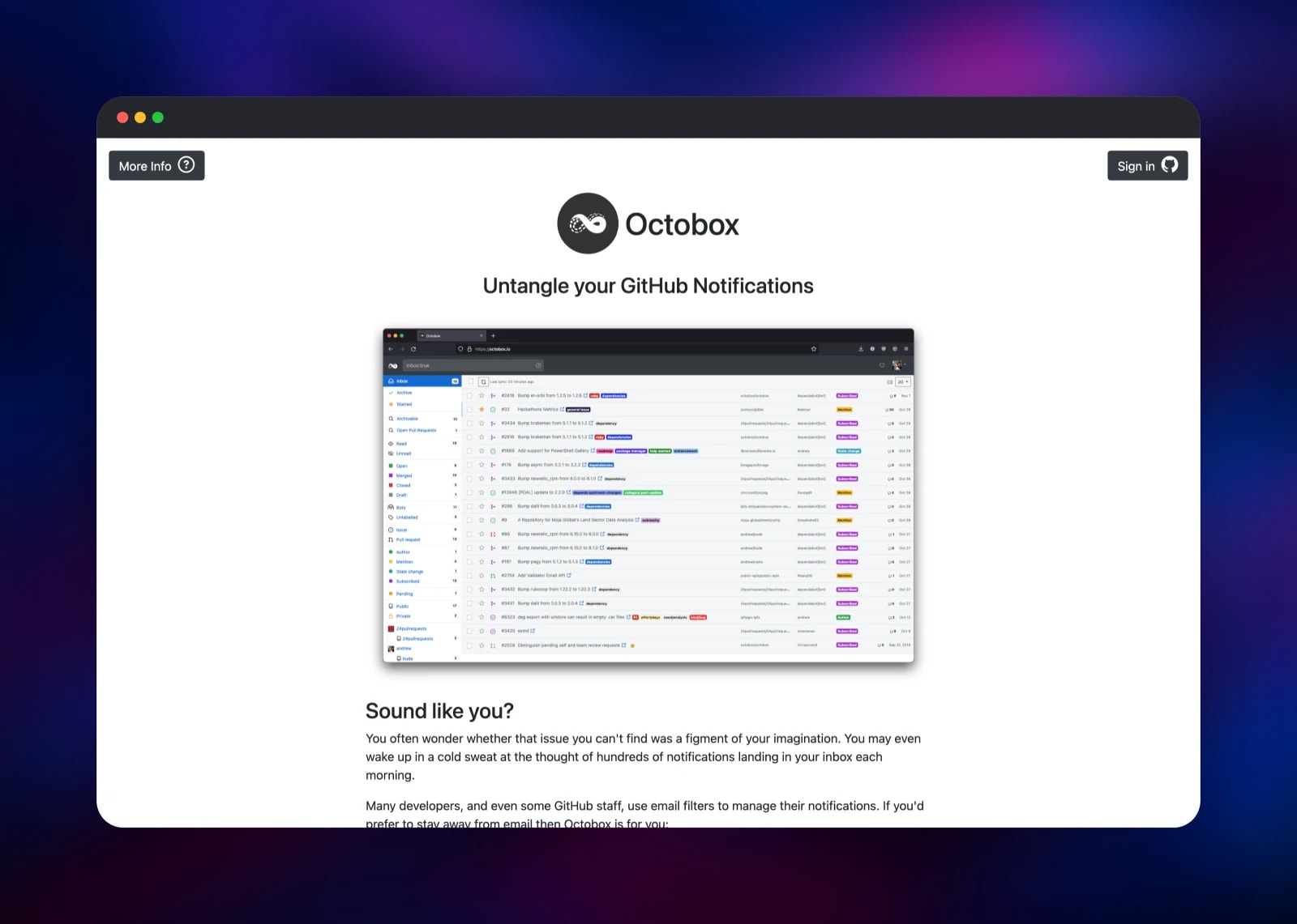 Octobox landing page showing the notification inbox product screenshot