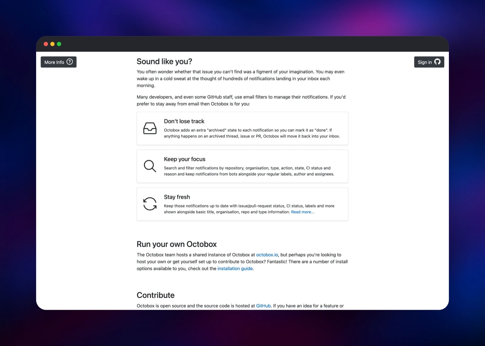Octobox feature cards describing archiving, filtering and status syncing