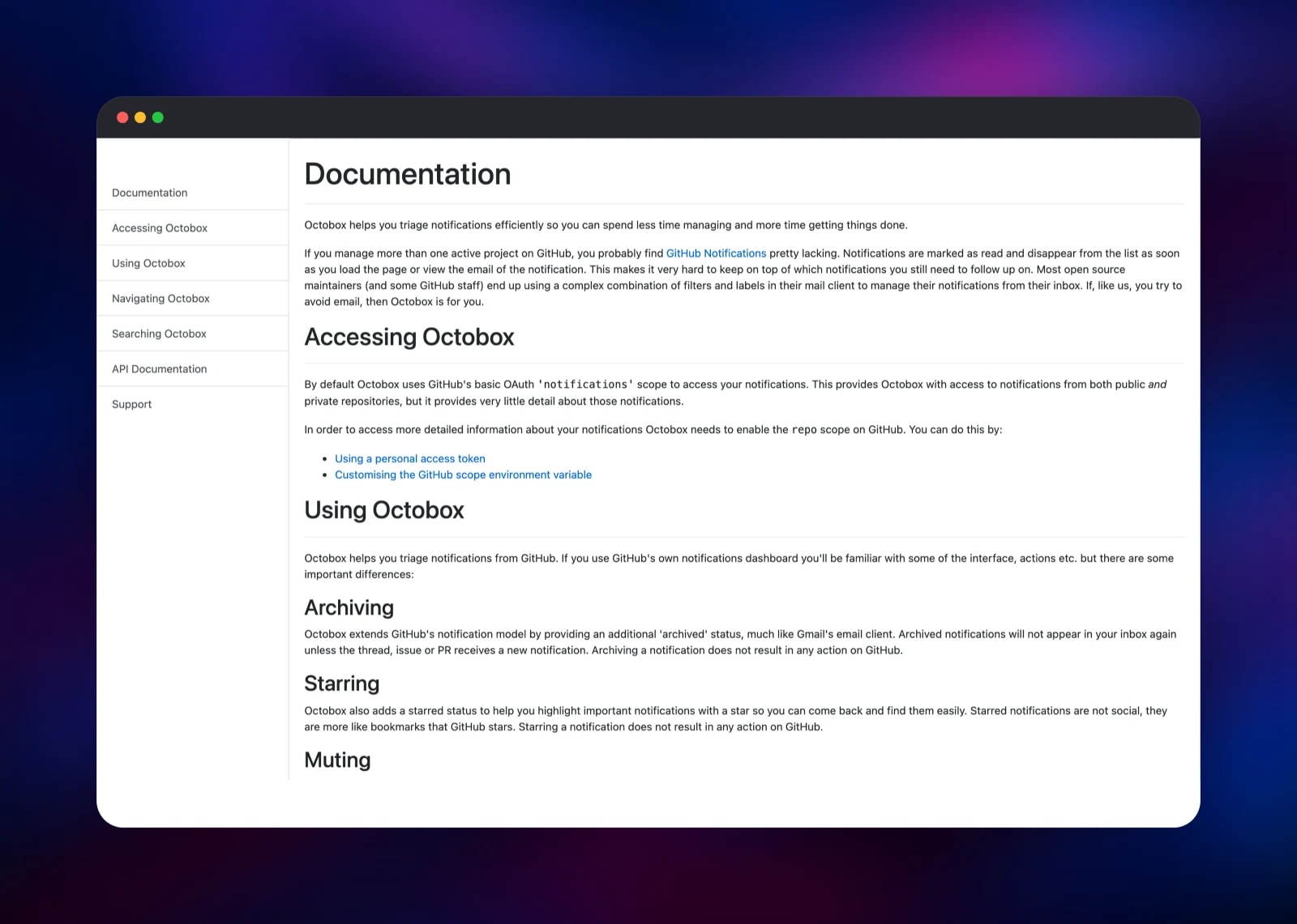 Octobox documentation page explaining OAuth scopes and archiving