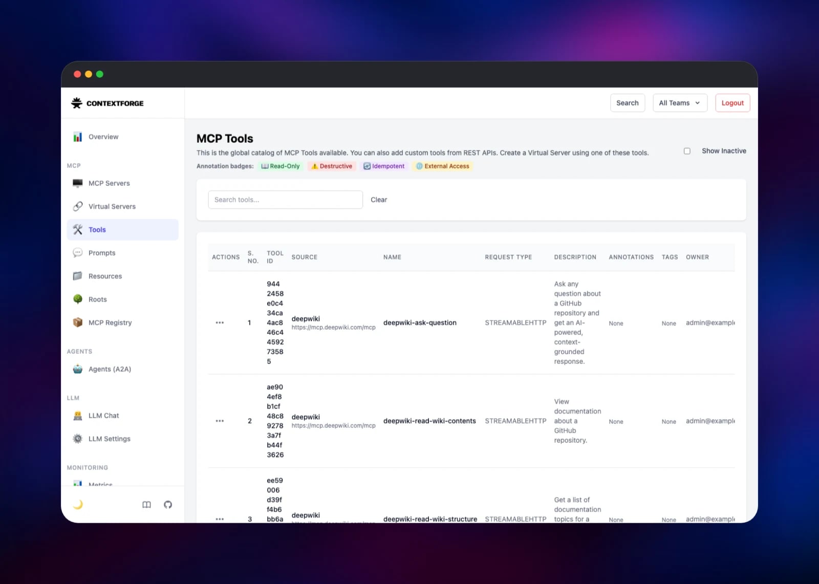 ContextForge tool catalog showing three tools federated from DeepWiki