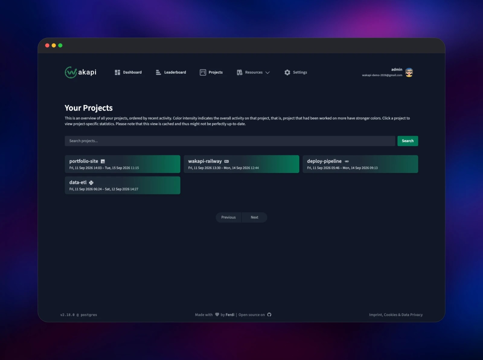 Wakapi project list with recent activity dates for four repositories