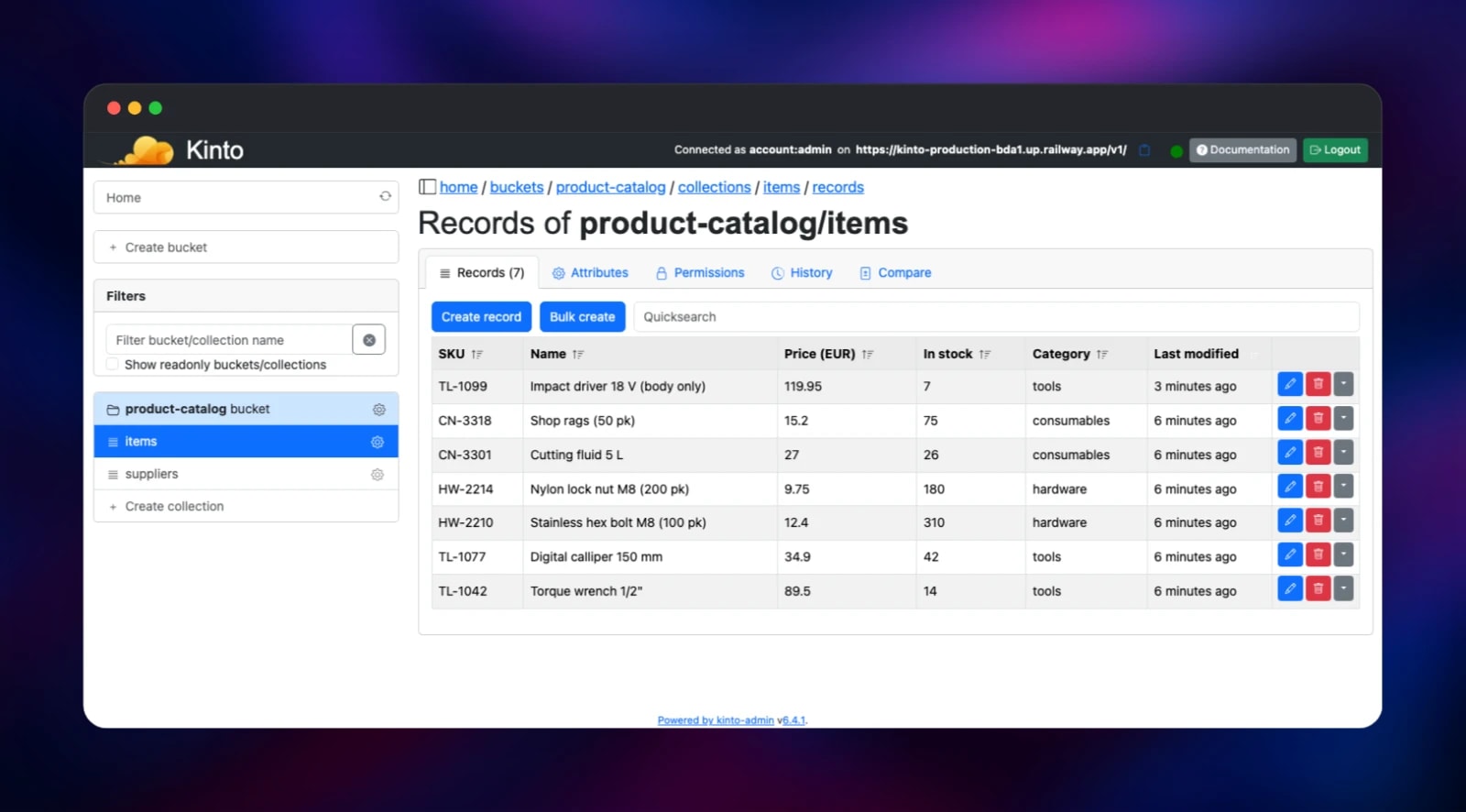 Kinto admin listing catalogue records in a collection