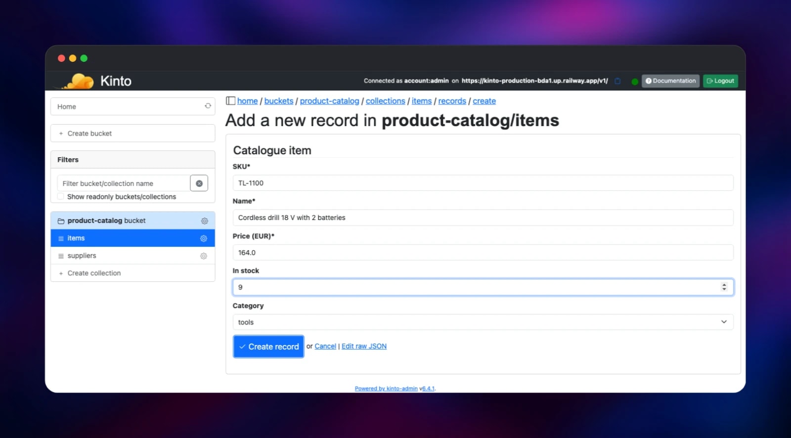 Adding a catalogue record through Kinto's JSON-schema form