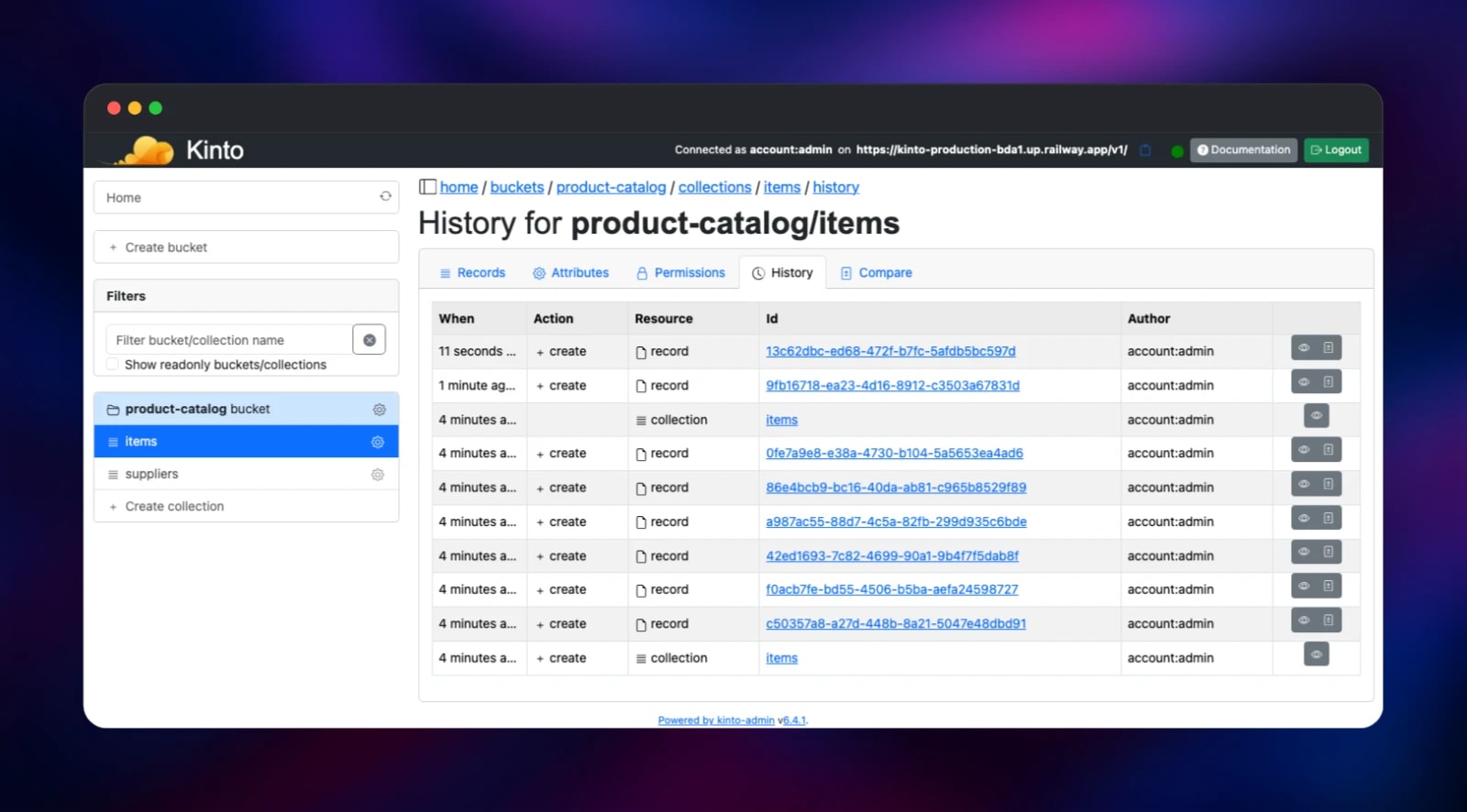 Kinto history tab showing every change to the collection