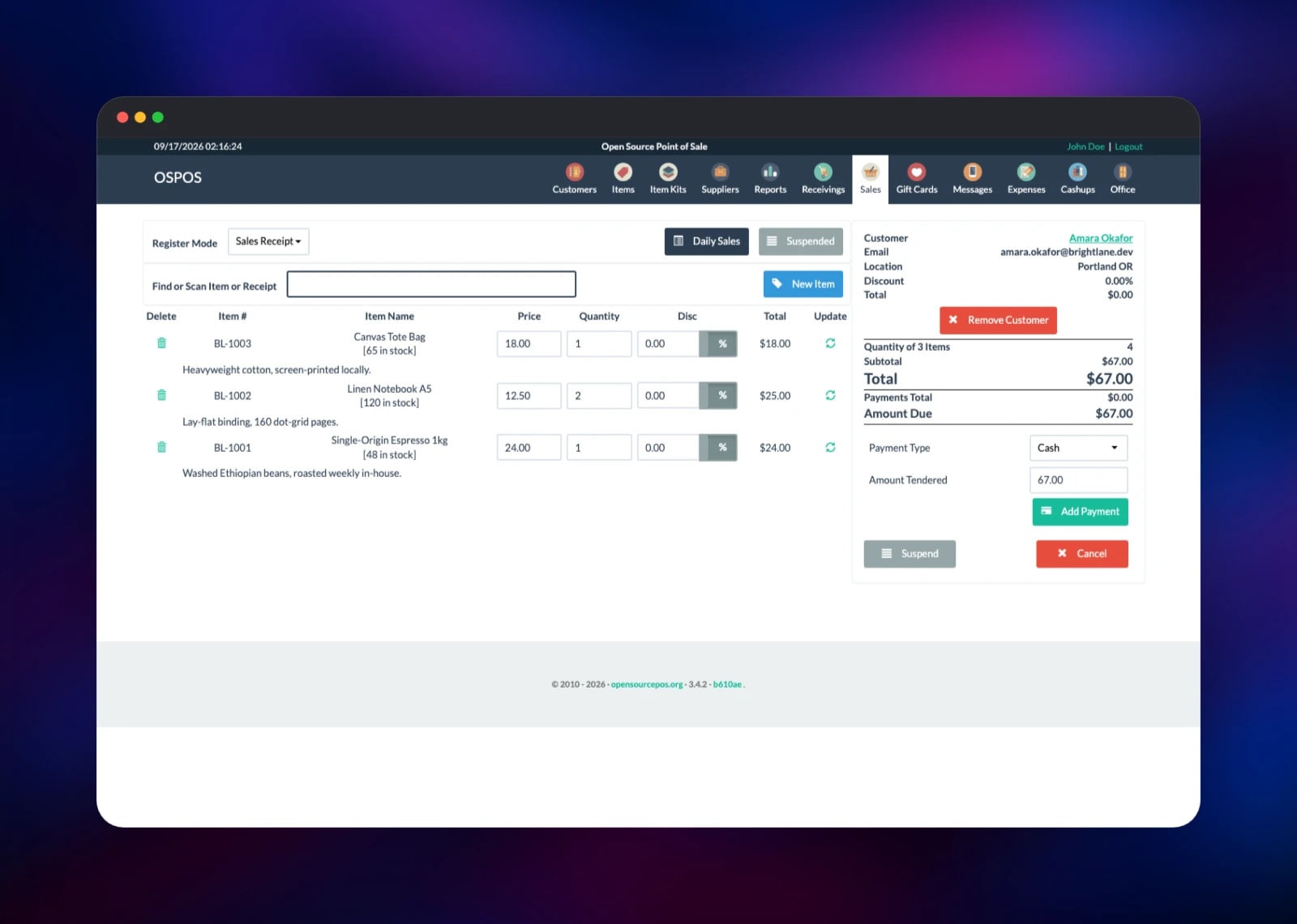 OpenSourcePOS sales register with a three-item cart and cash payment