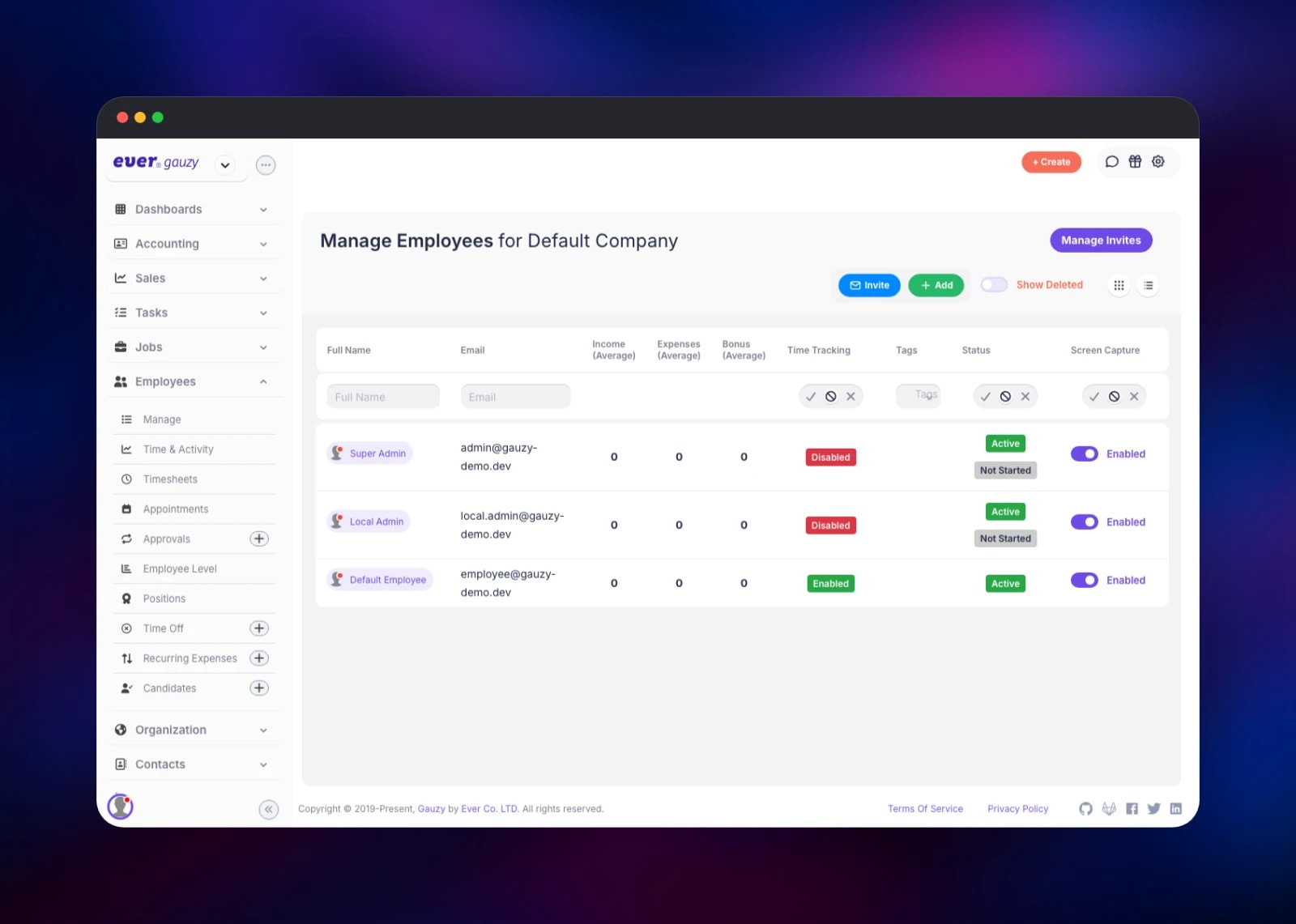 Gauzy employee directory listing three staff accounts