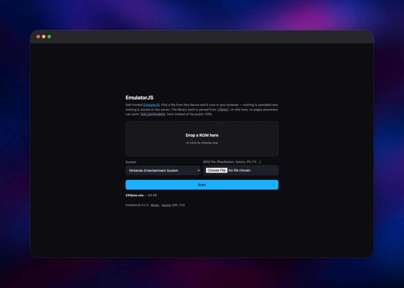 EmulatorJS player with a ROM chosen and the NES system detected