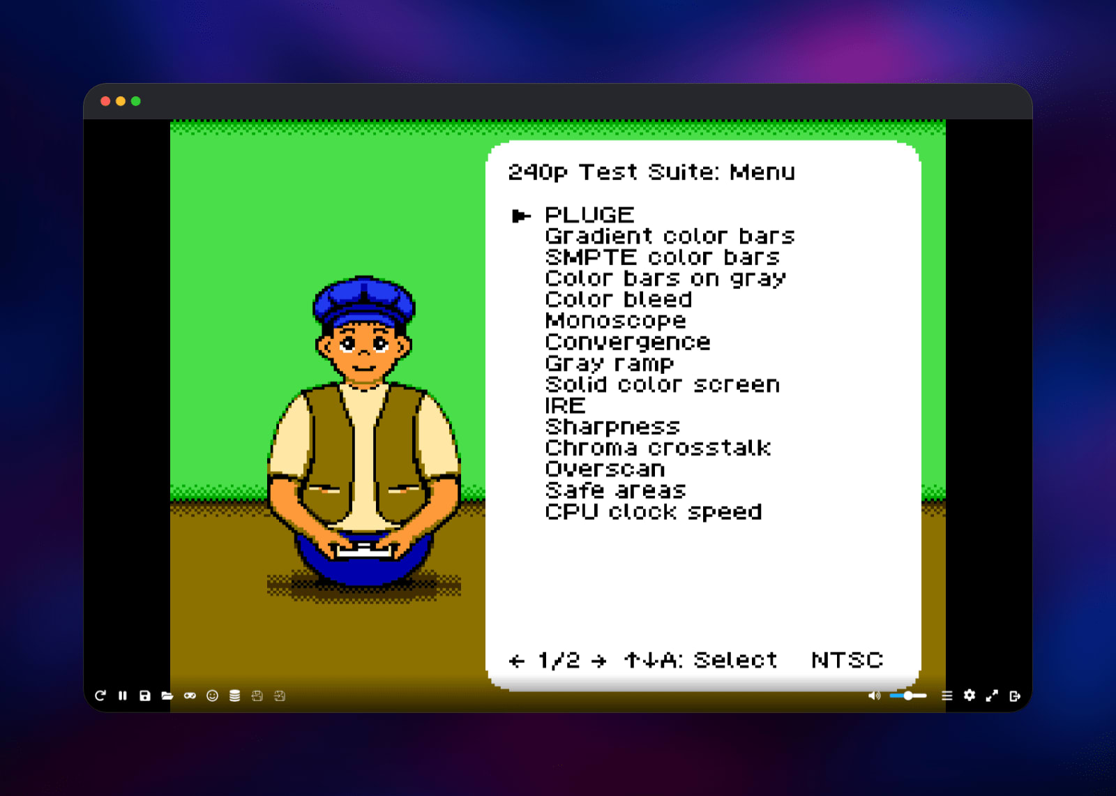 The 240p Test Suite menu running in the EmulatorJS NES core
