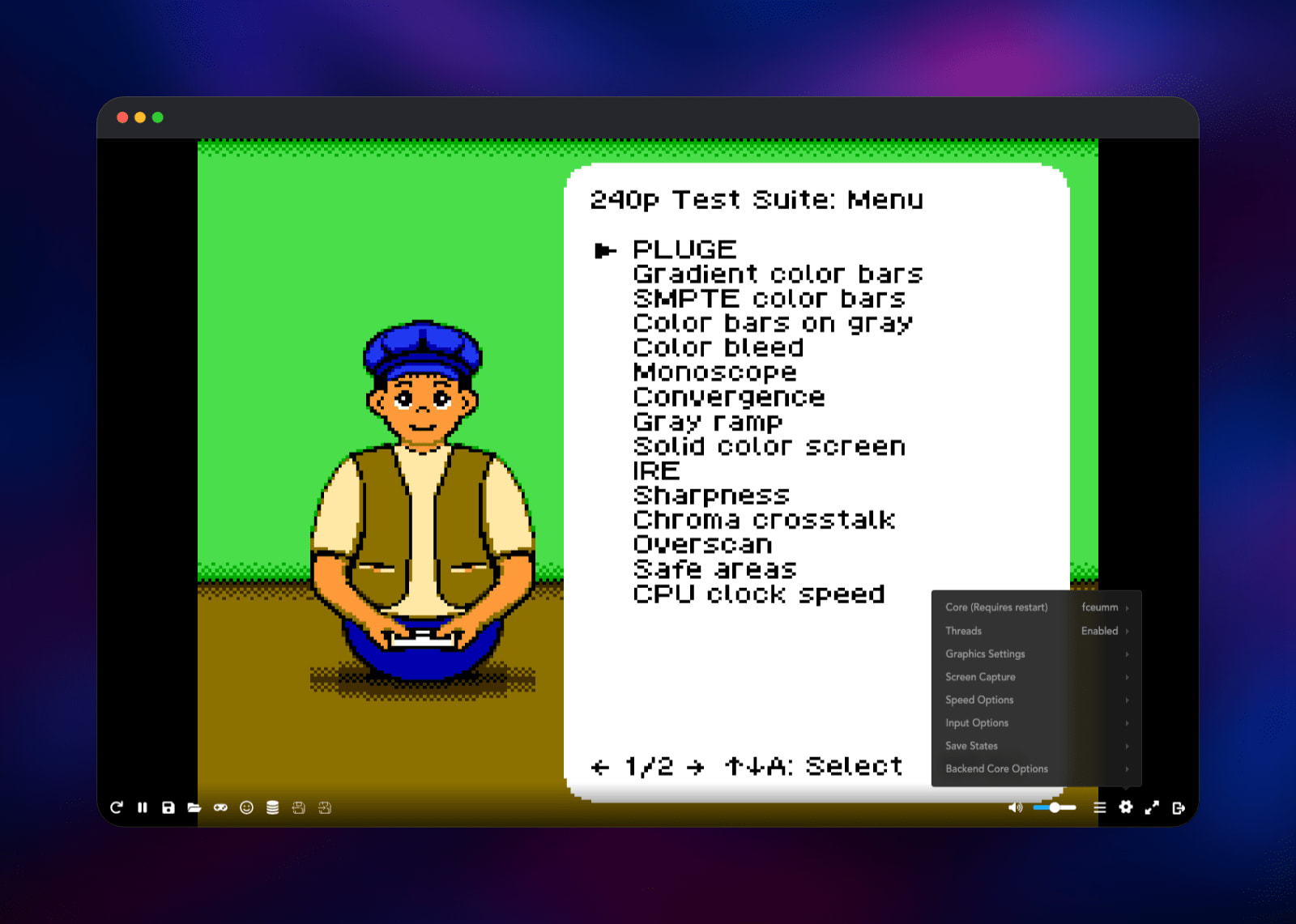EmulatorJS settings menu showing the fceumm core with threads enabled