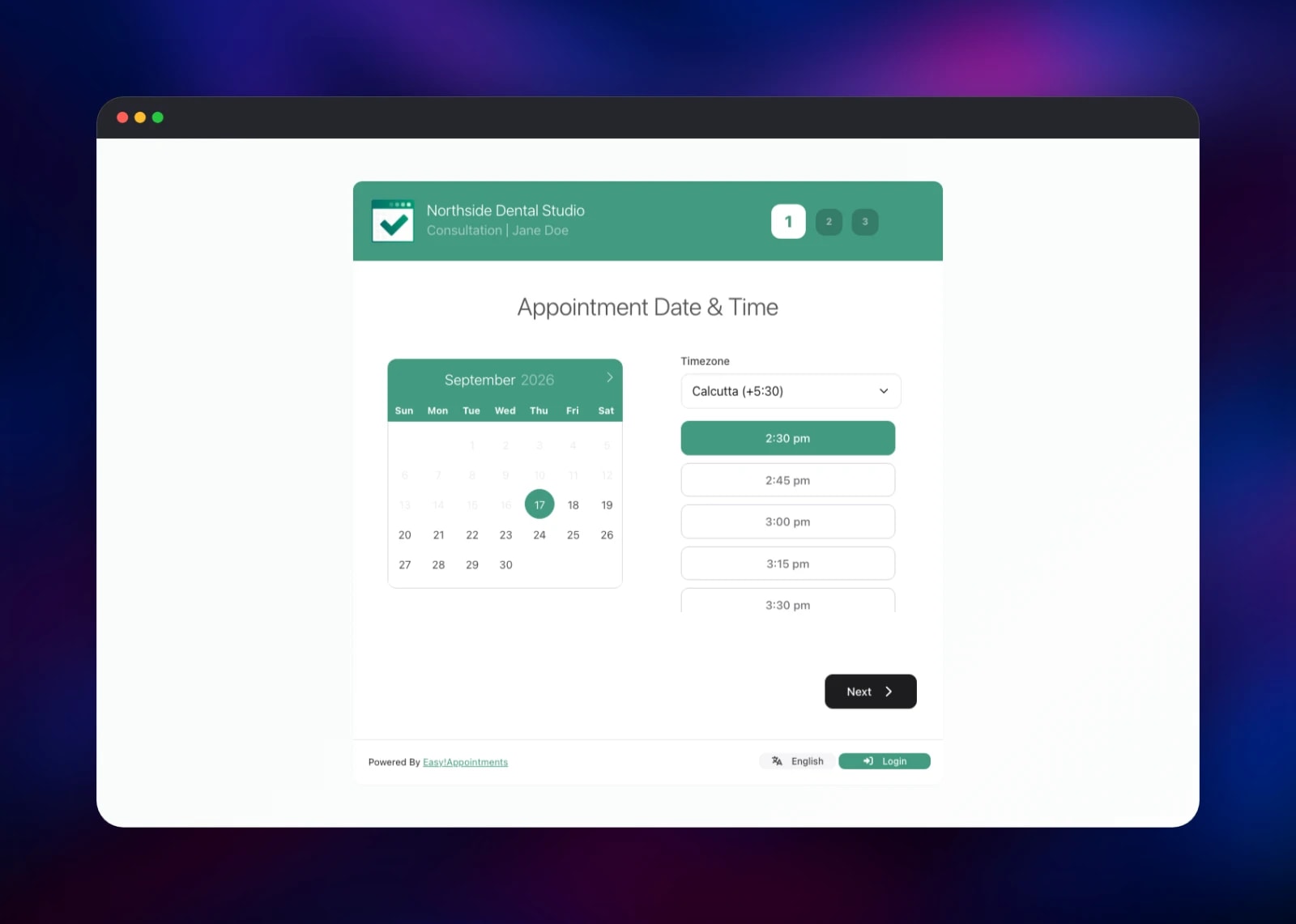 Public booking page offering appointment times for a dental consultation