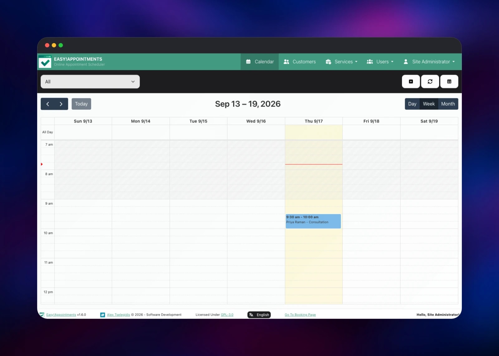 Weekly admin calendar showing a booked consultation appointment
