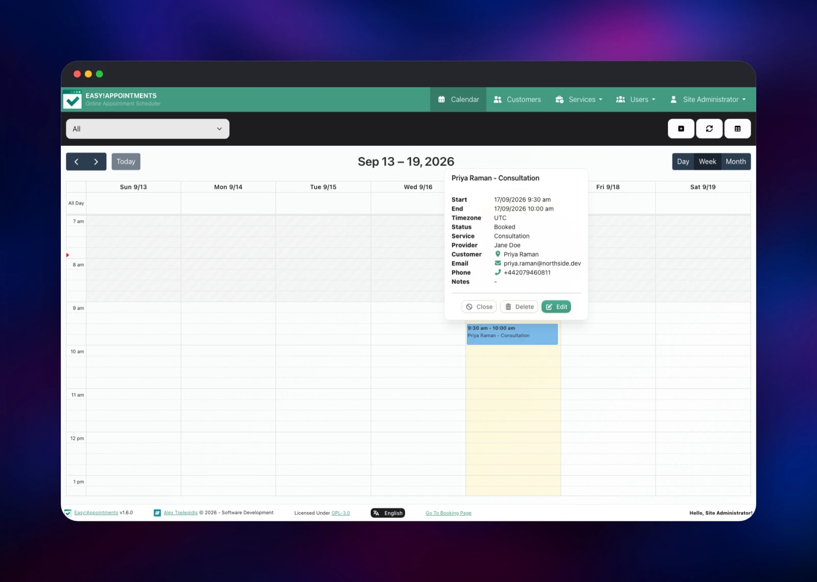Appointment details panel with the customer's contact information
