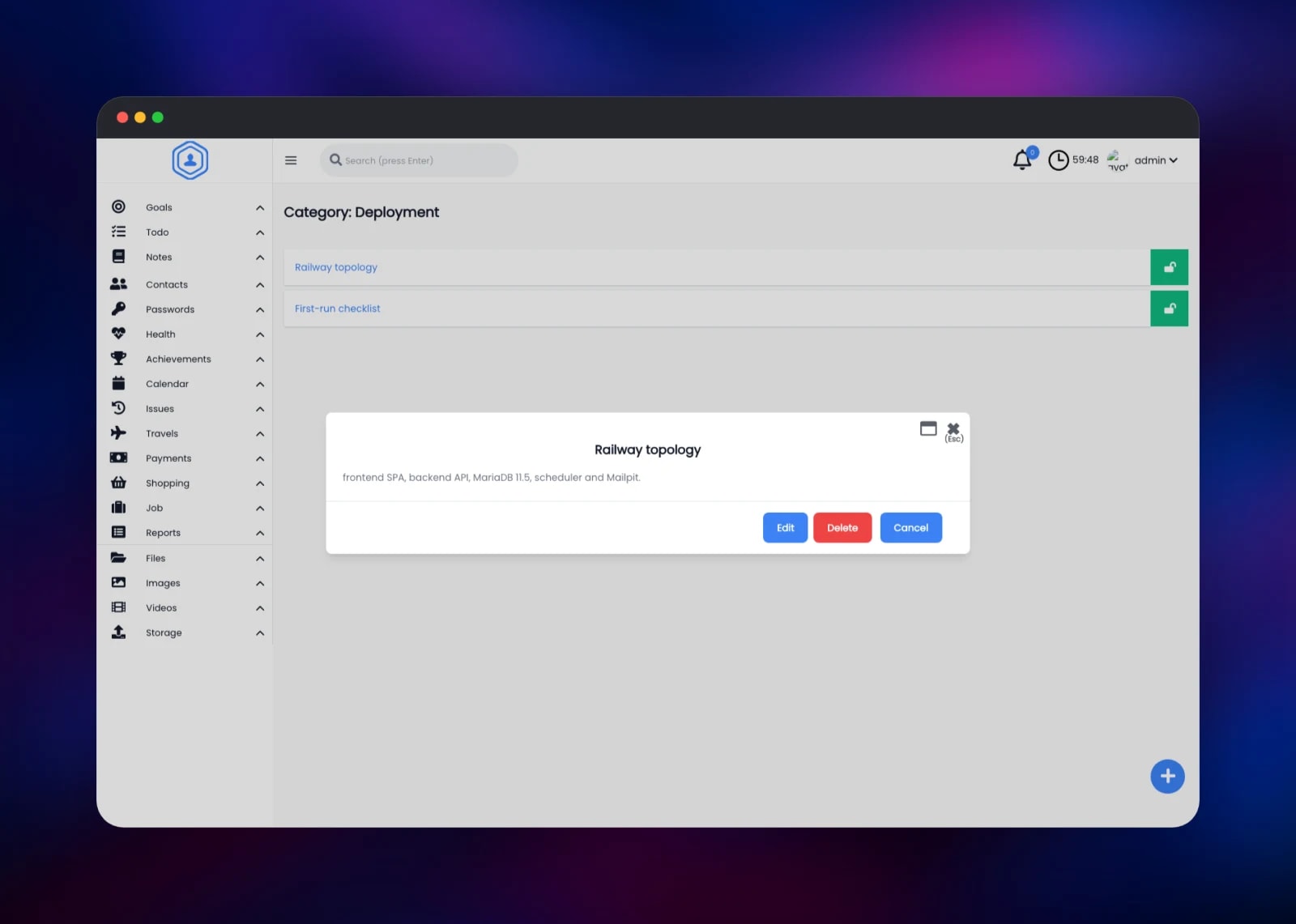 Reading a stored note with edit and delete controls