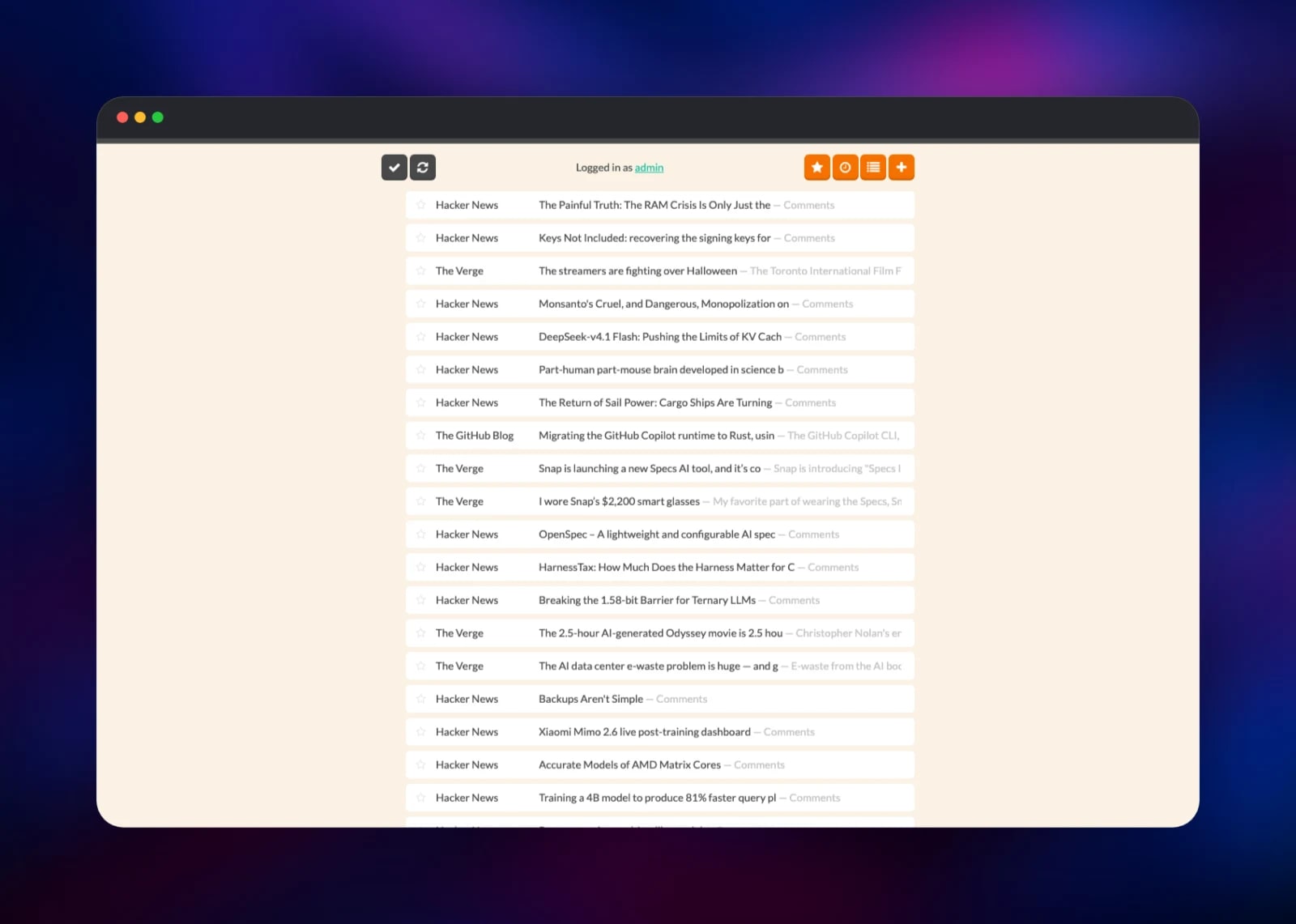Stringer unread list mixing Hacker News, The Verge and GitHub stories