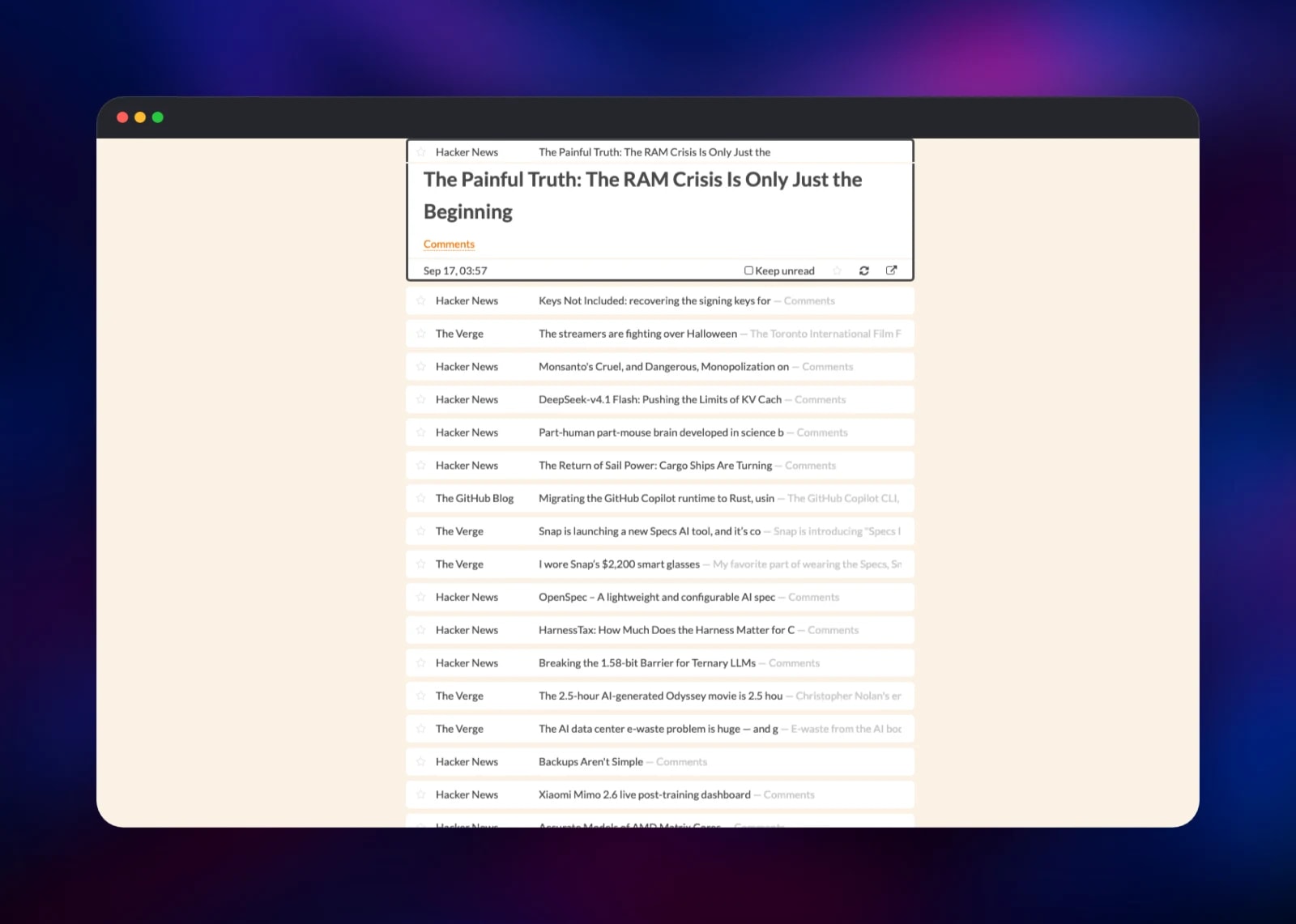 A Hacker News story expanded in place above the unread list